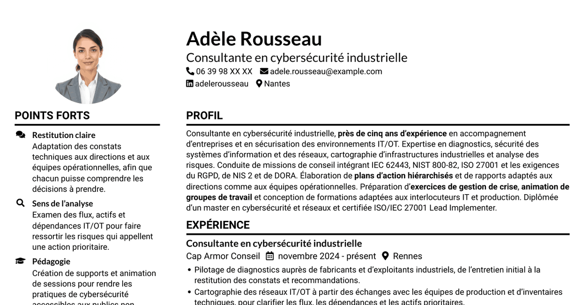7 modèles de CV pour Consultant·e en cybersécurité - Sécurité industrielle IT/OT, avec exemples