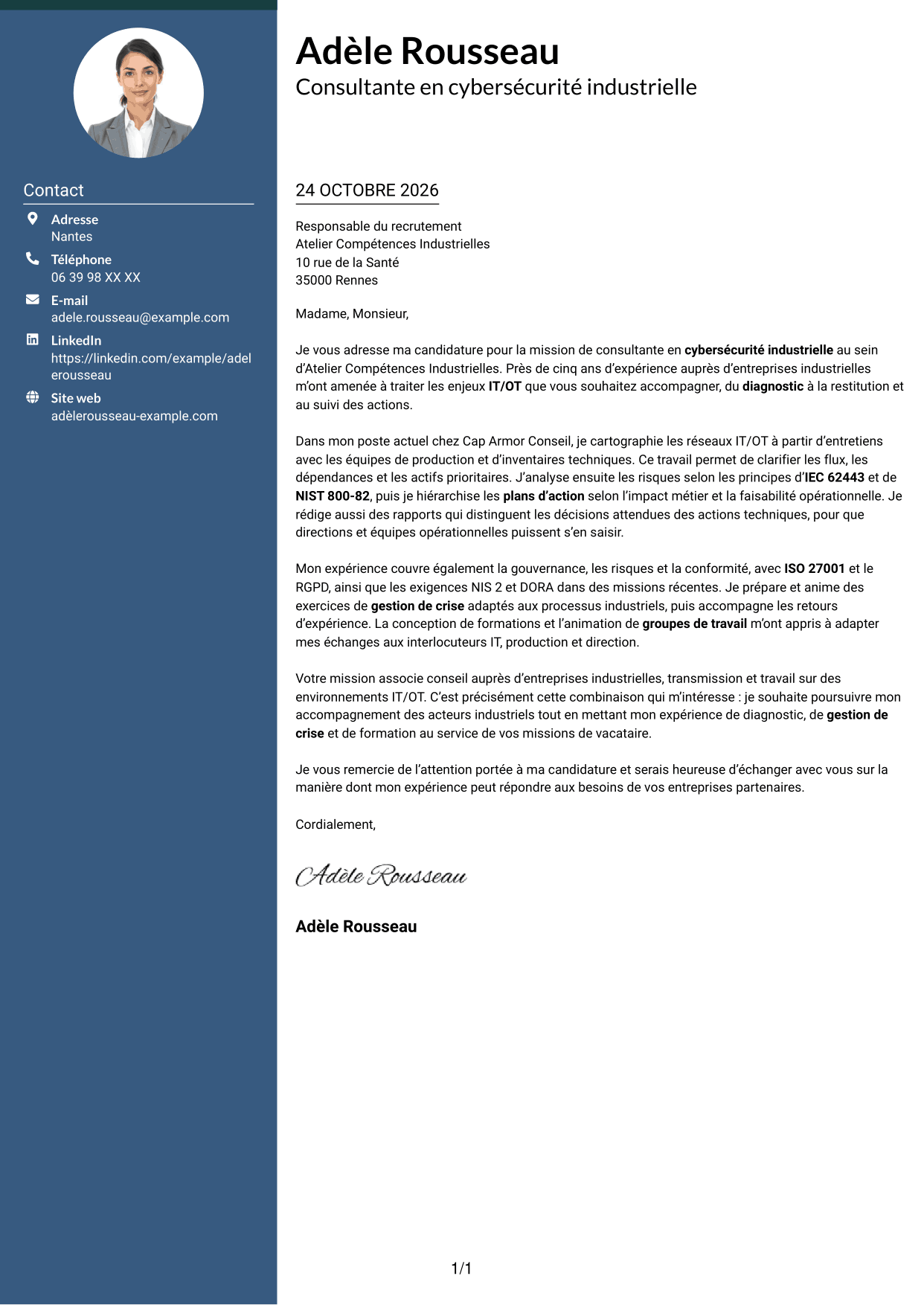 Lettre de motivation Élégant (format à colonne latérale colorée avec photo) : Consultant·e en cybersécurité - Sécurité industrielle IT/OT, page 1