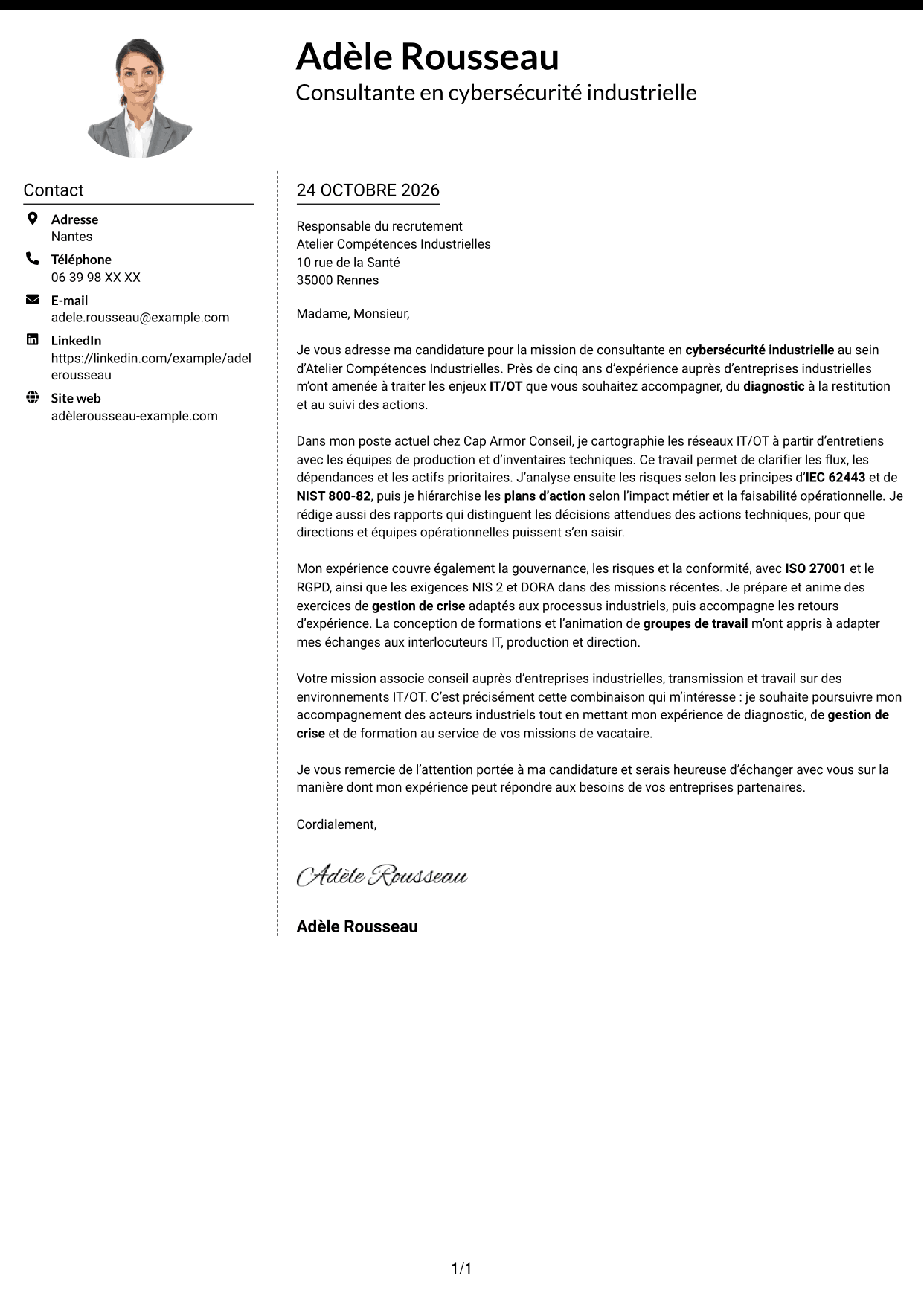 Lettre de motivation Moderne (format à deux colonnes avec photo à gauche et séparateur) : Consultant·e en cybersécurité - Sécurité industrielle IT/OT, page 1
