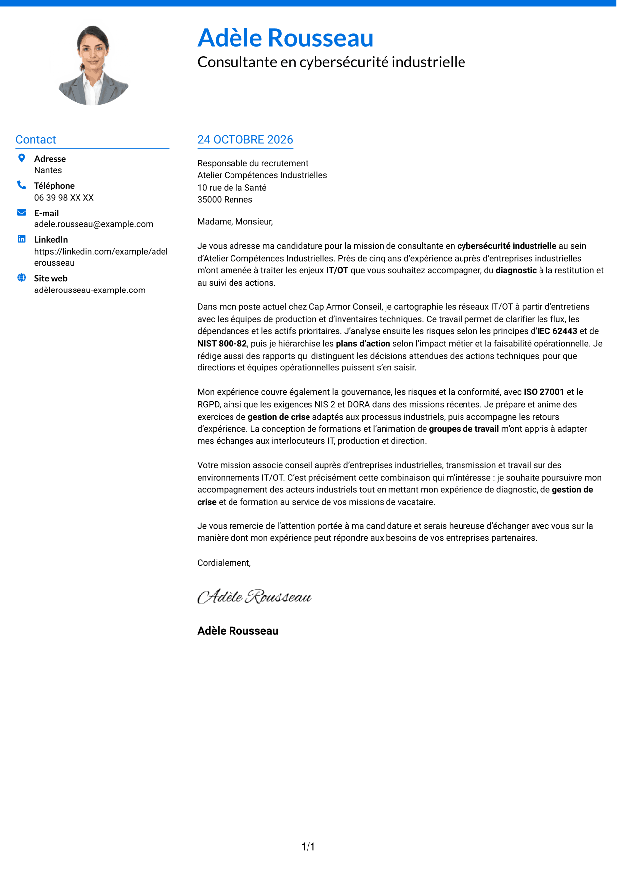 Lettre de motivation Audacieux (format à deux colonnes avec accents colorés et photo) : Consultant·e en cybersécurité - Sécurité industrielle IT/OT, page 1
