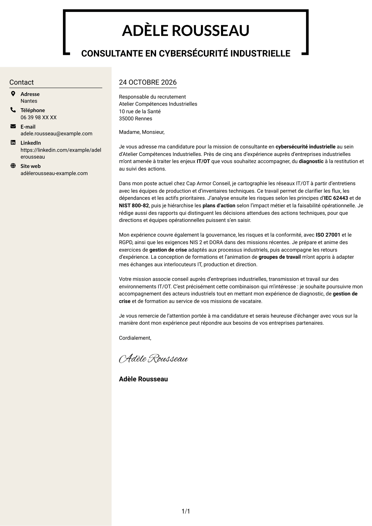 Lettre de motivation Fonceur (format à deux colonnes avec en-tête centré sans photo) : Consultant·e en cybersécurité - Sécurité industrielle IT/OT, page 1