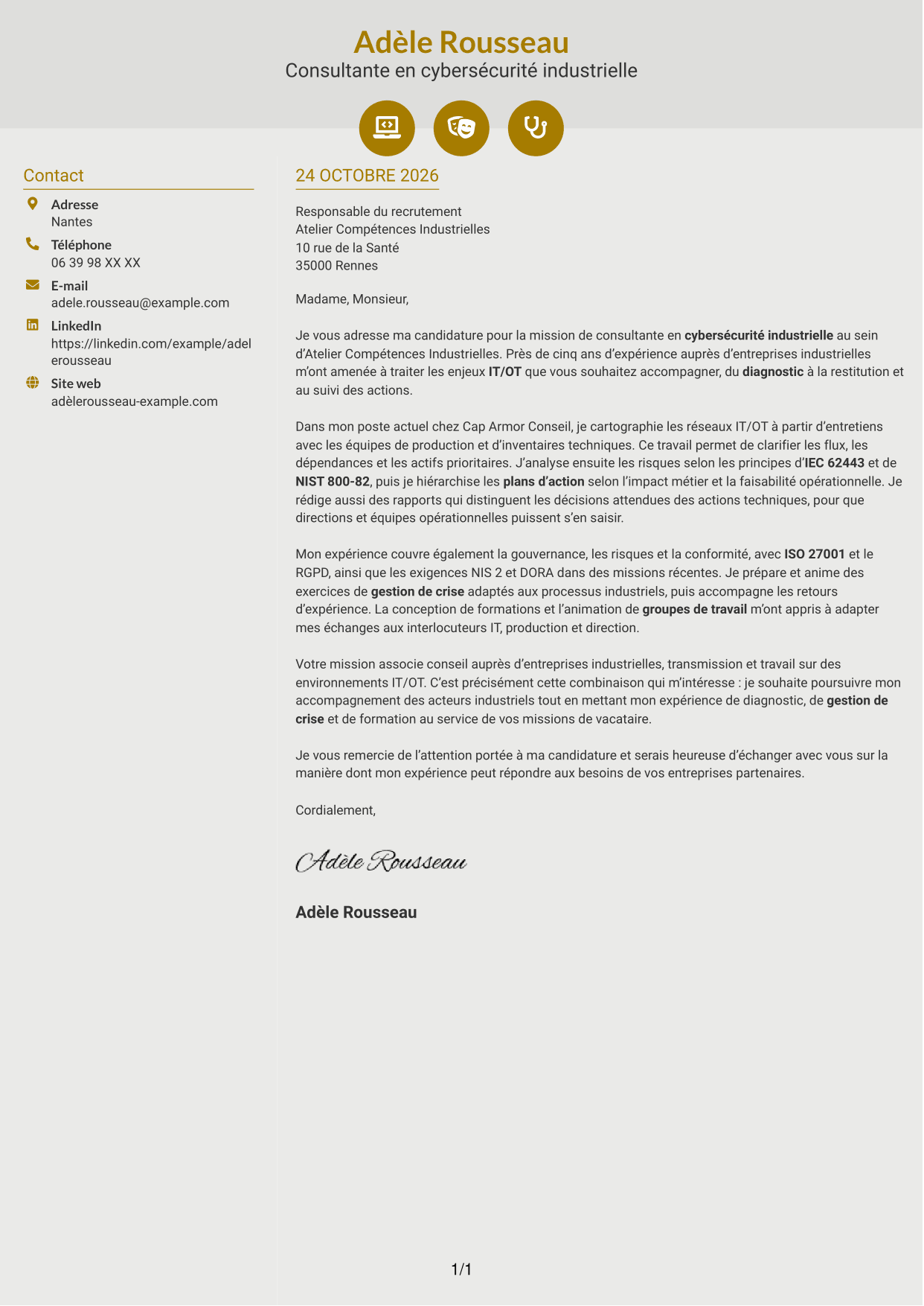 Lettre de motivation Dynamique (format à deux colonnes avec icônes) : Consultant·e en cybersécurité - Sécurité industrielle IT/OT, page 1