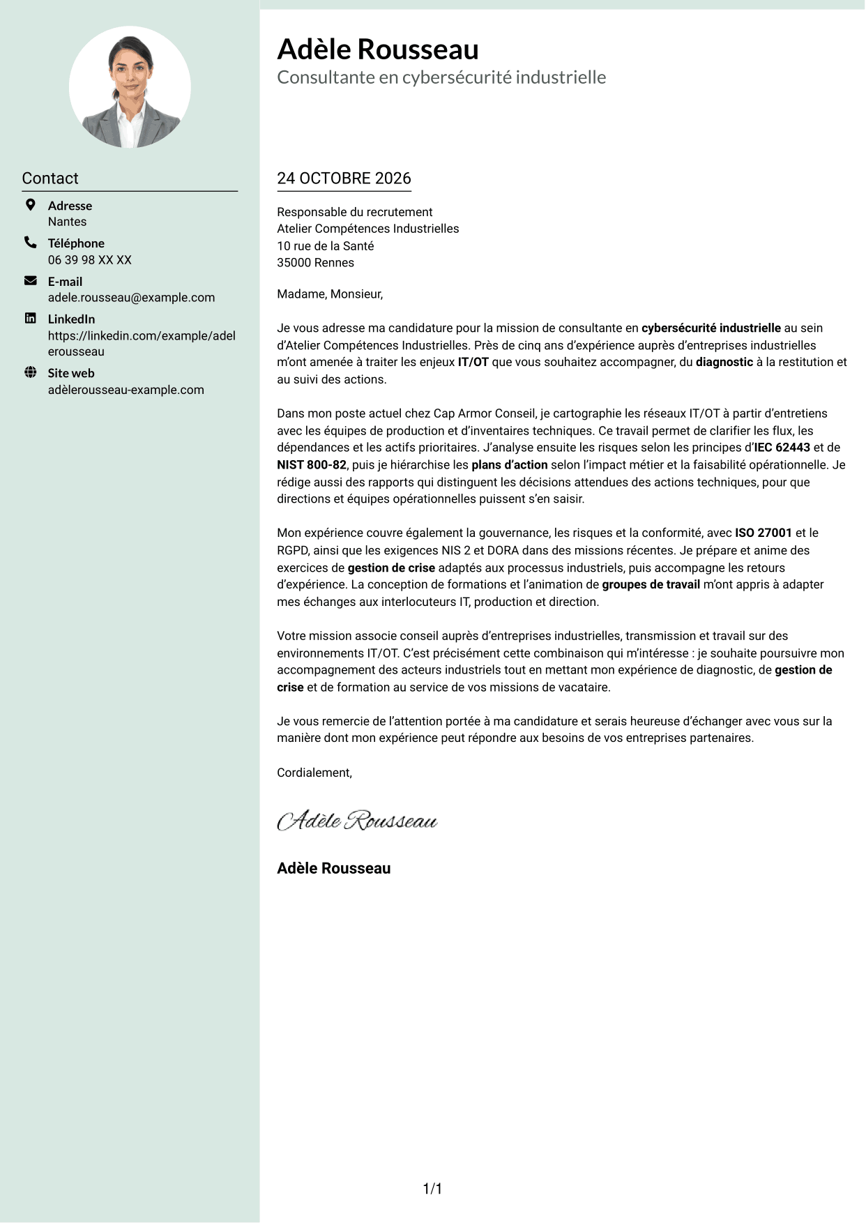 Lettre de motivation Cadre (format à colonne latérale douce avec photo arrondie) : Consultant·e en cybersécurité - Sécurité industrielle IT/OT, page 1