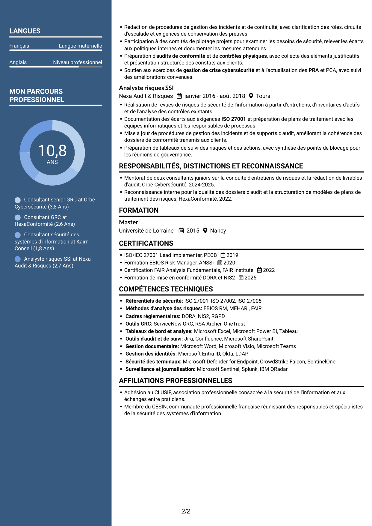 CV Élégant (format à colonne latérale colorée avec photo) : Consultant GRC - Sécurité de l'information, page 2