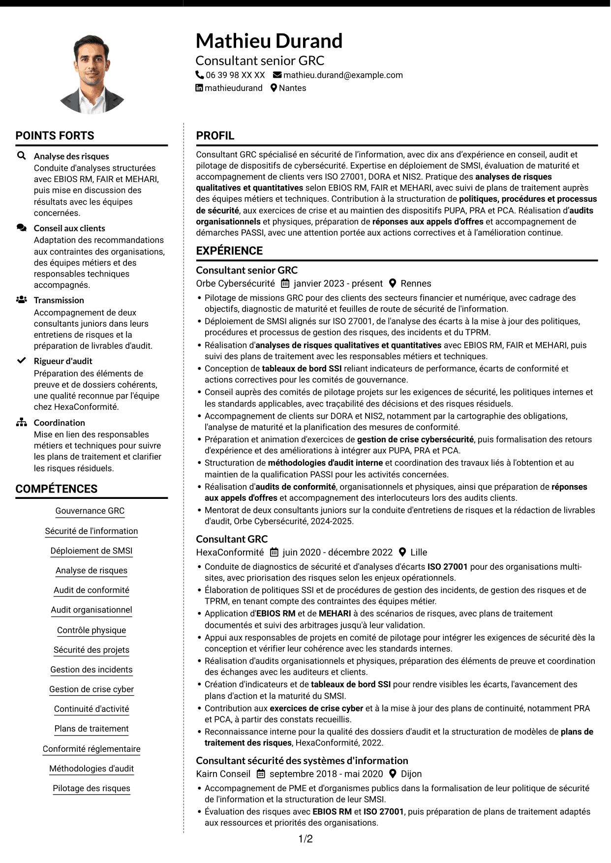 CV Moderne (format à deux colonnes avec photo à gauche et séparateur) : Consultant GRC - Sécurité de l'information, page 1
