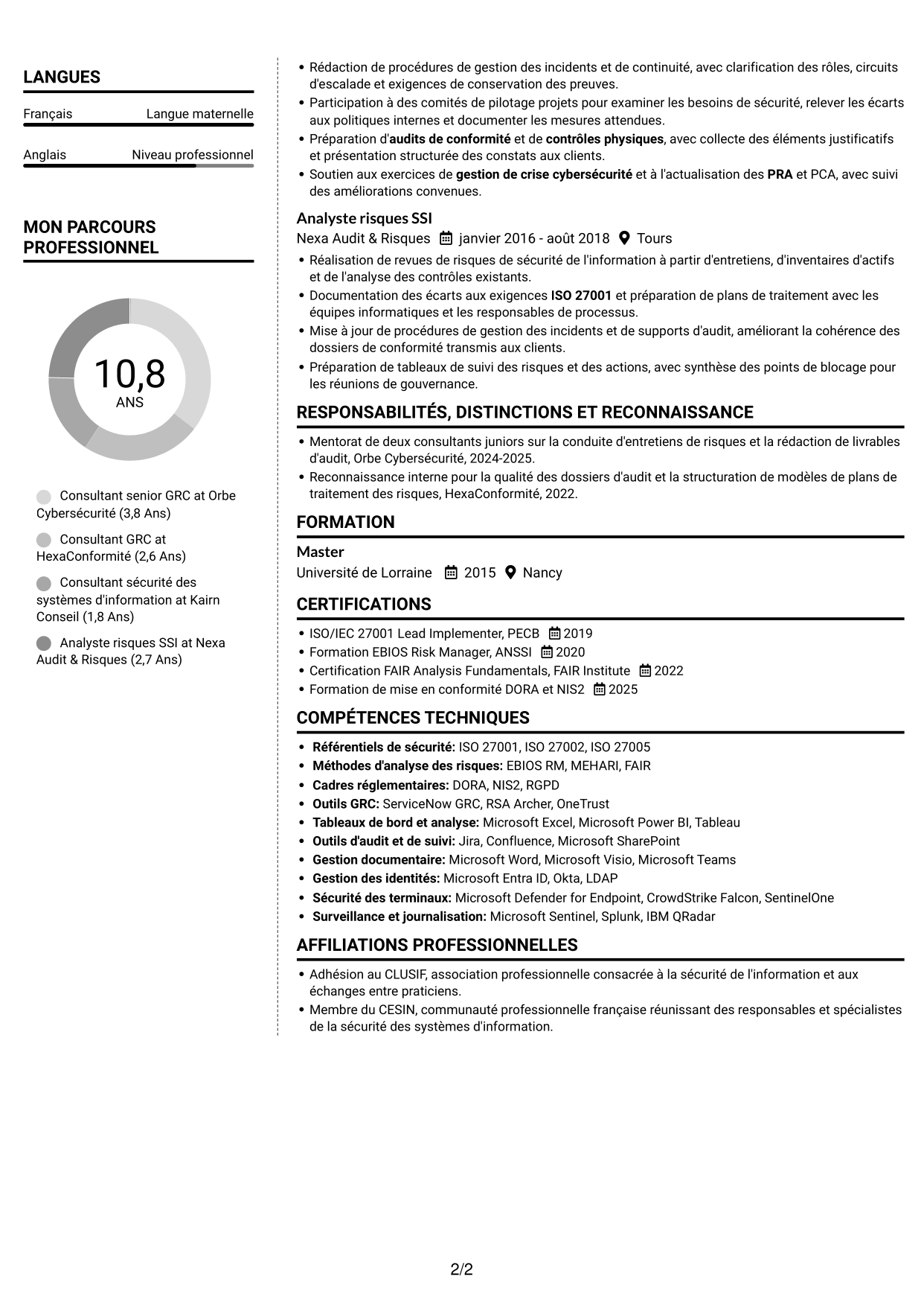 CV Moderne (format à deux colonnes avec photo à gauche et séparateur) : Consultant GRC - Sécurité de l'information, page 2