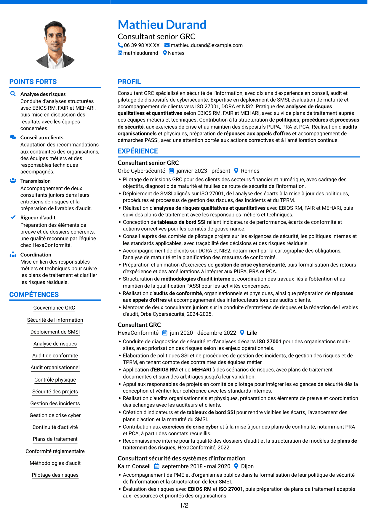 CV Audacieux (format à deux colonnes avec accents colorés et photo) : Consultant GRC - Sécurité de l'information, page 1