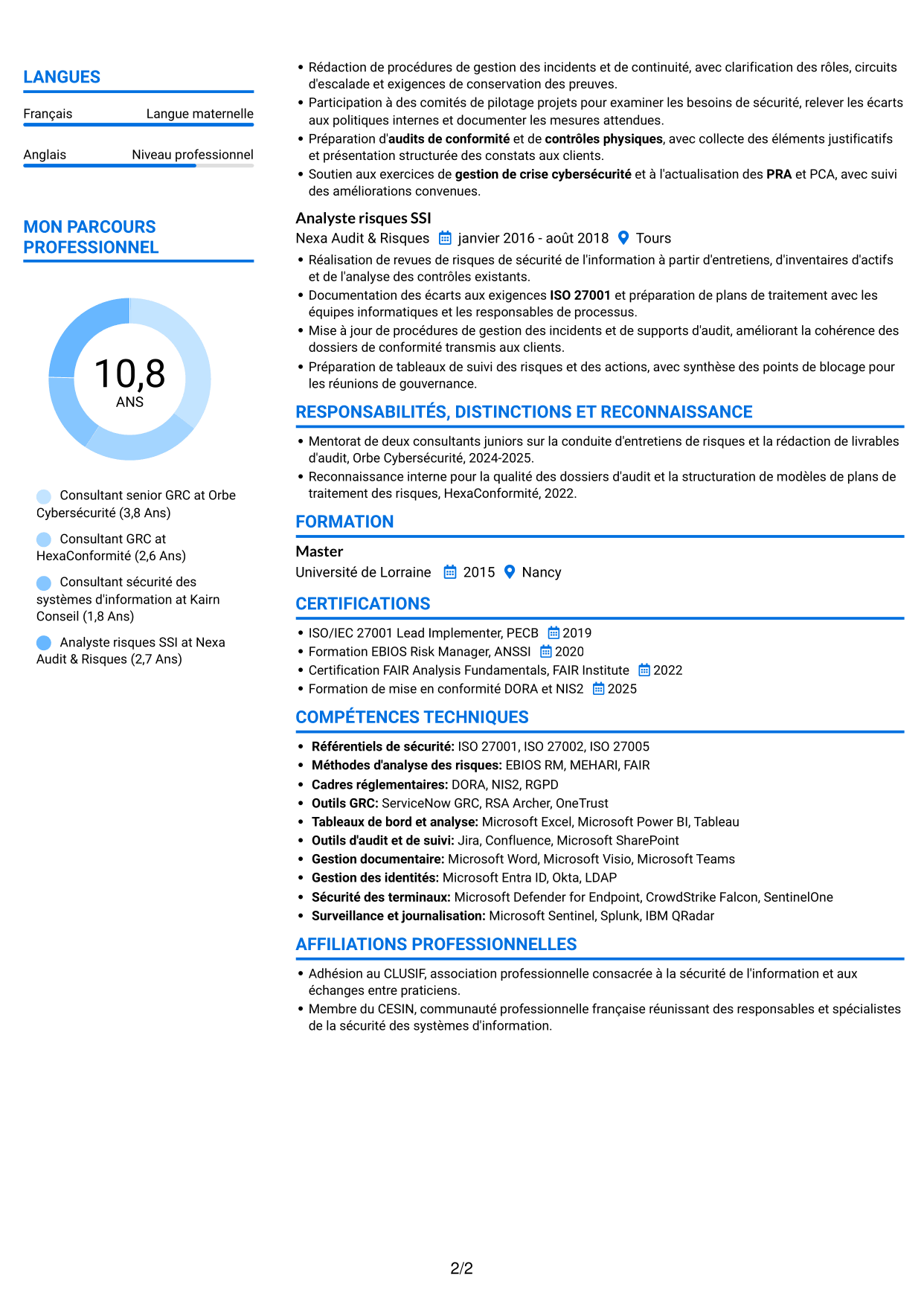 CV Audacieux (format à deux colonnes avec accents colorés et photo) : Consultant GRC - Sécurité de l'information, page 2