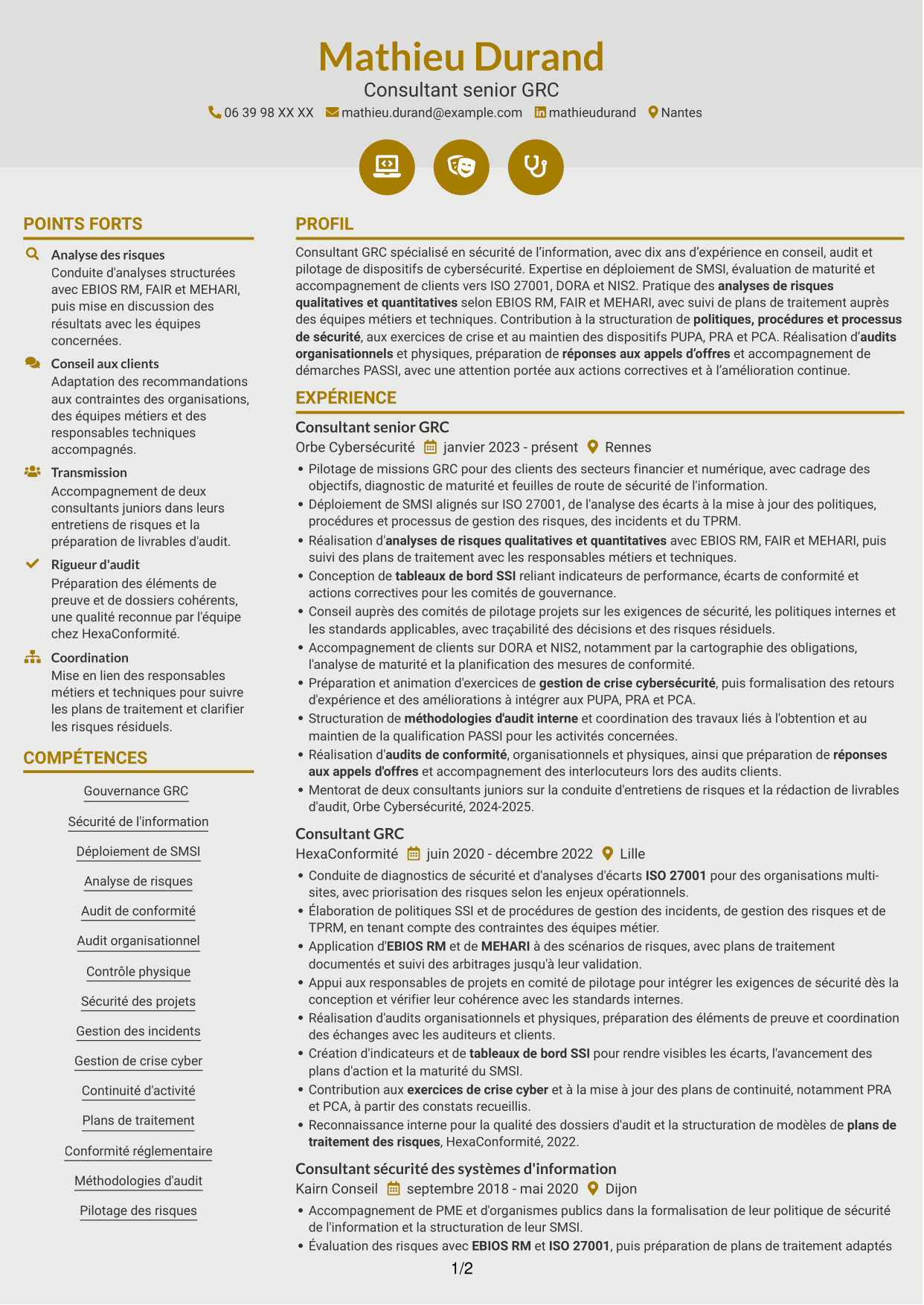 CV Dynamique (format à deux colonnes avec icônes) : Consultant GRC - Sécurité de l'information, page 1