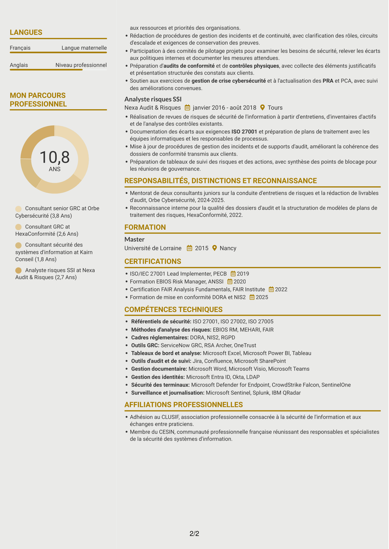 CV Dynamique (format à deux colonnes avec icônes) : Consultant GRC - Sécurité de l'information, page 2