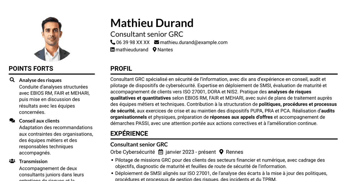 7 modèles de CV pour Consultant GRC - Sécurité de l'information, avec exemples