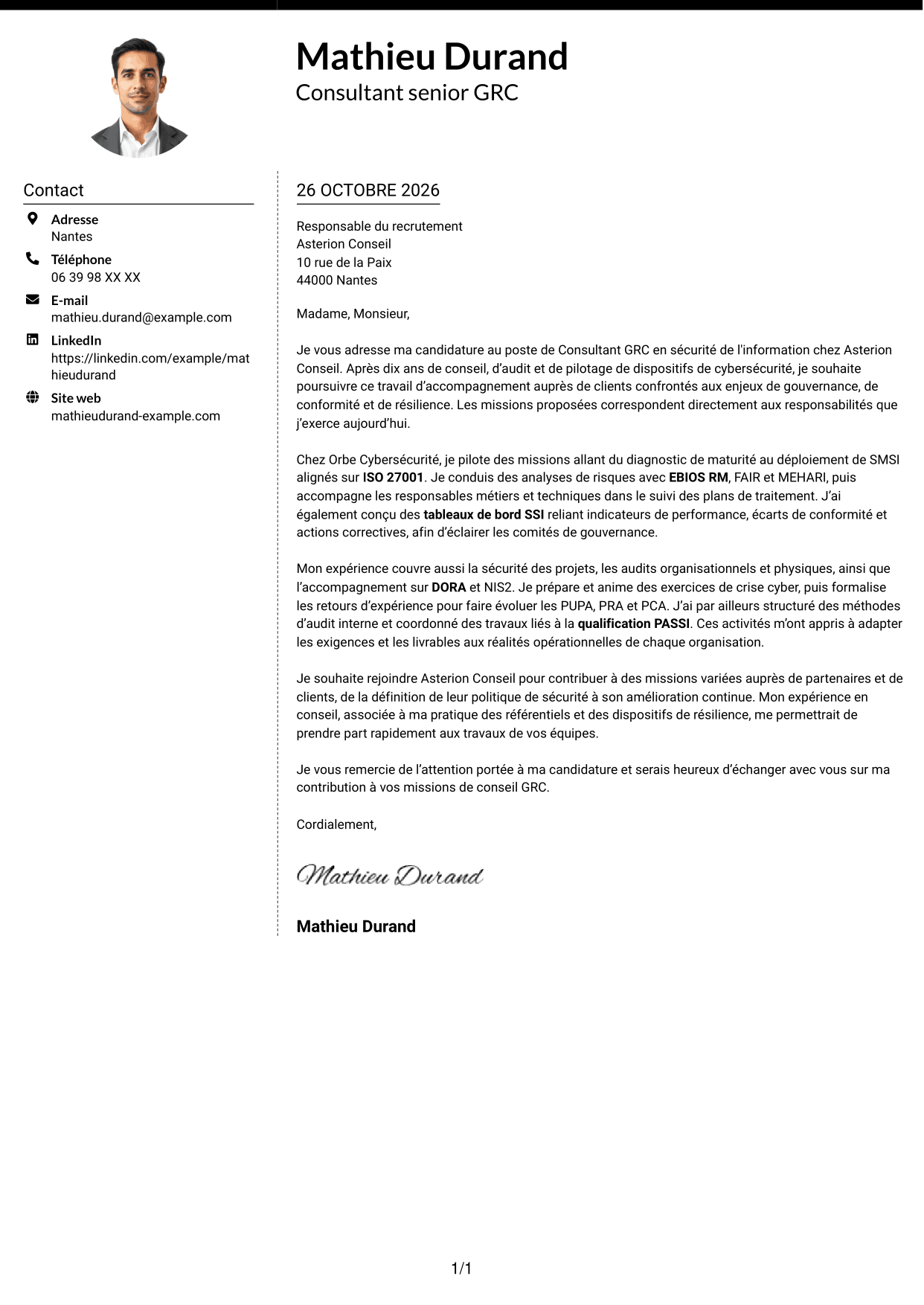 Lettre de motivation Moderne (format à deux colonnes avec photo à gauche et séparateur) : Consultant GRC - Sécurité de l'information, page 1