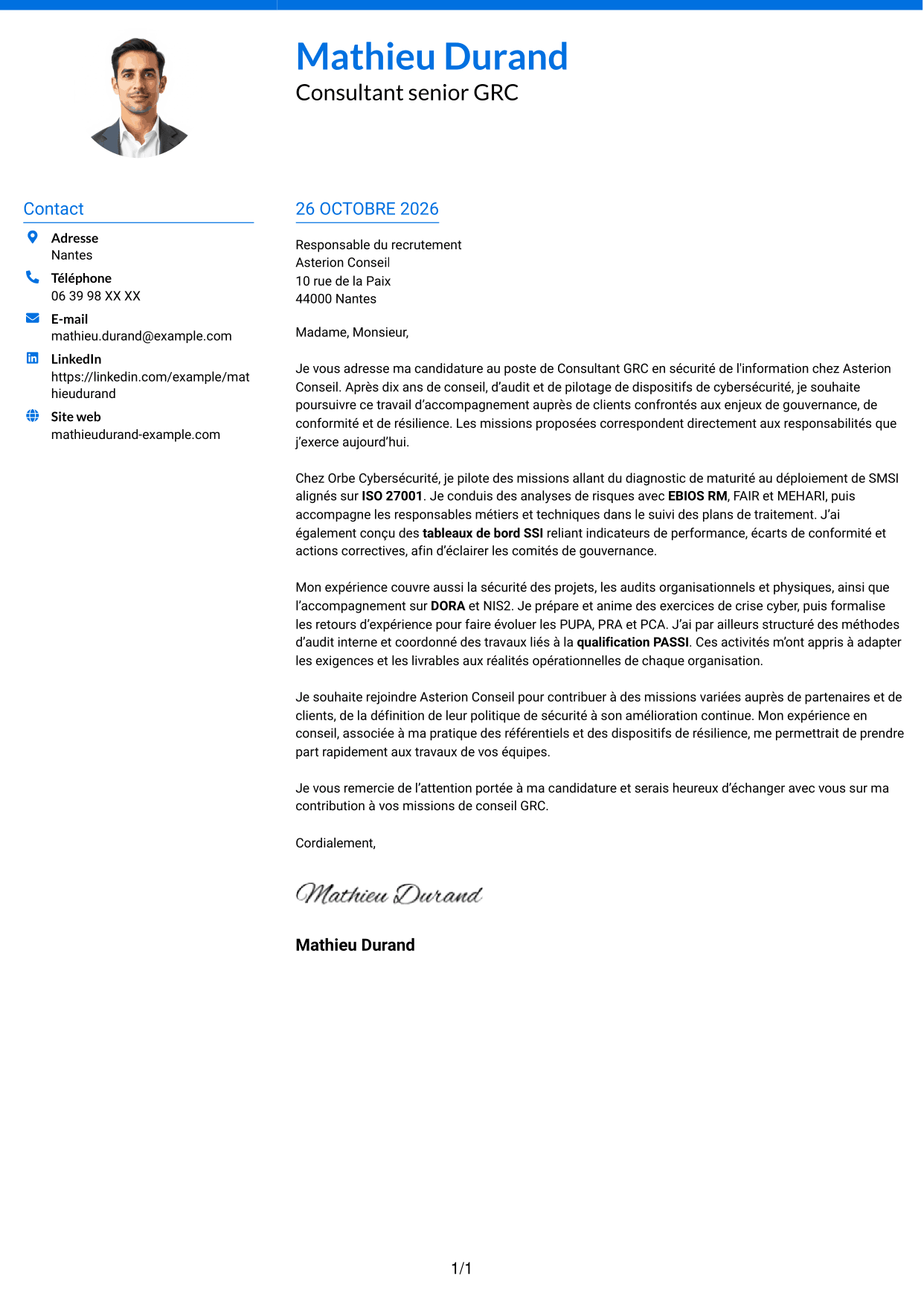 Lettre de motivation Audacieux (format à deux colonnes avec accents colorés et photo) : Consultant GRC - Sécurité de l'information, page 1