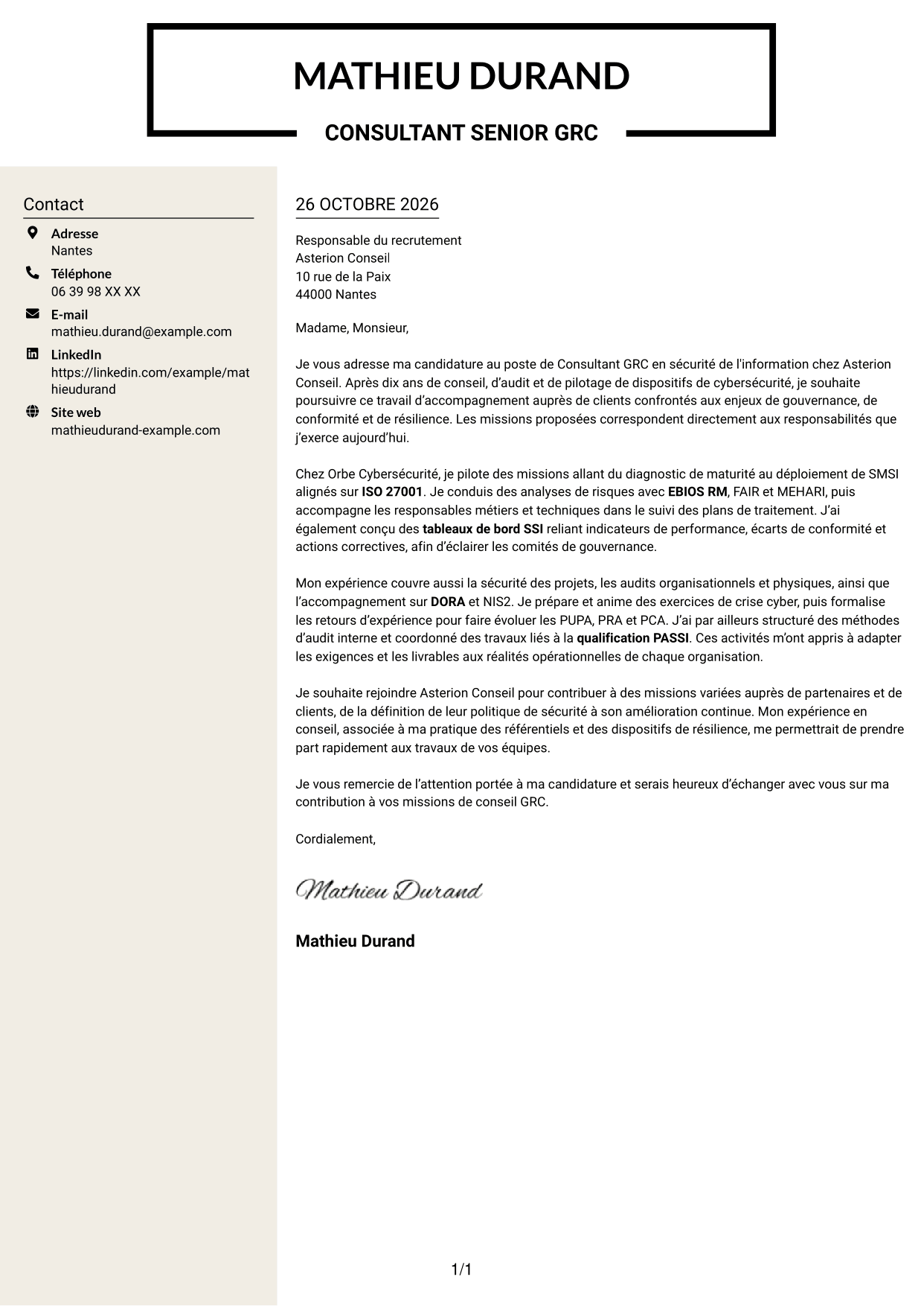 Lettre de motivation Fonceur (format à deux colonnes avec en-tête centré sans photo) : Consultant GRC - Sécurité de l'information, page 1