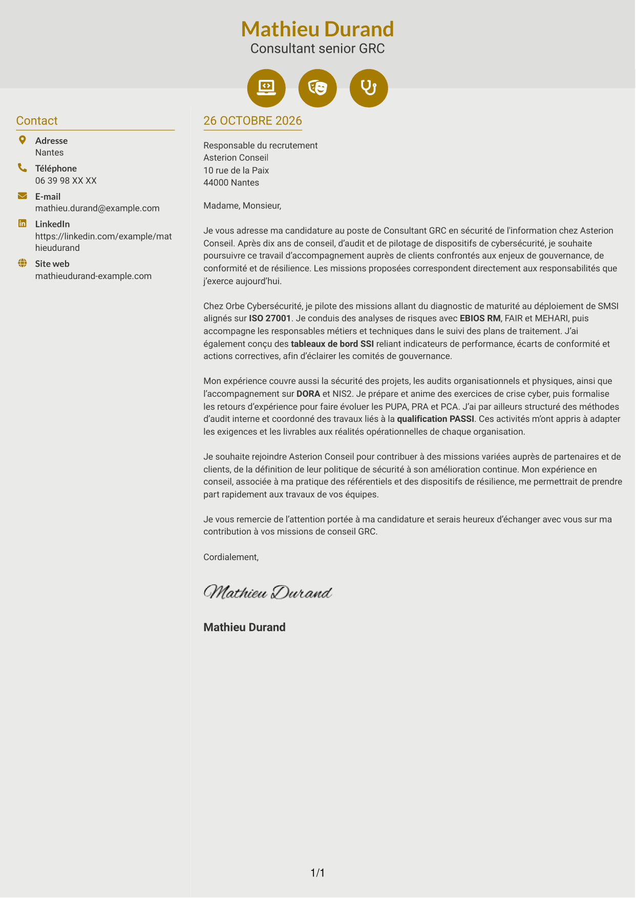 Lettre de motivation Dynamique (format à deux colonnes avec icônes) : Consultant GRC - Sécurité de l'information, page 1