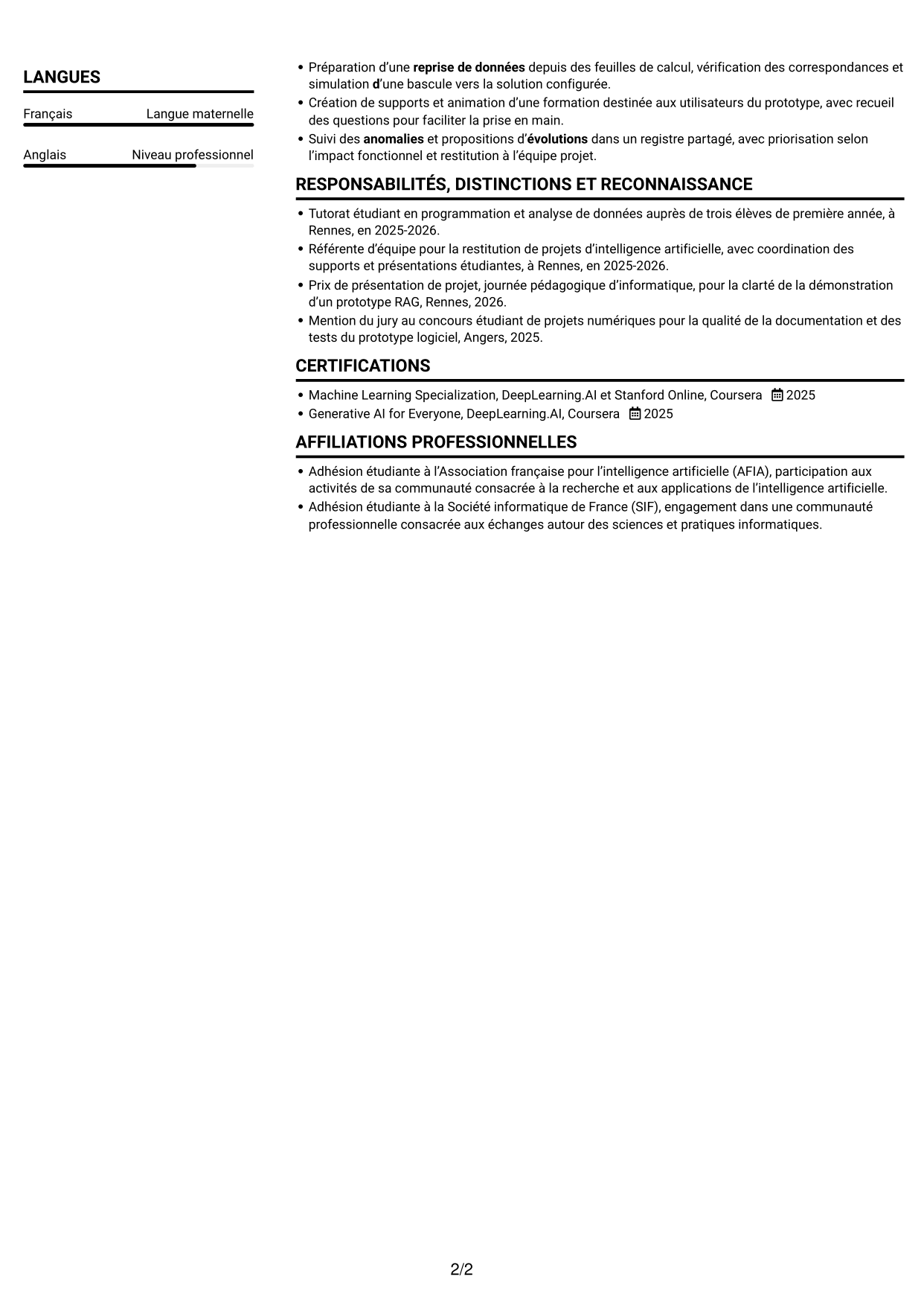 CV Compact (format sobre à deux colonnes avec photo) : Consultant IA junior - IA générative et intégration, page 2