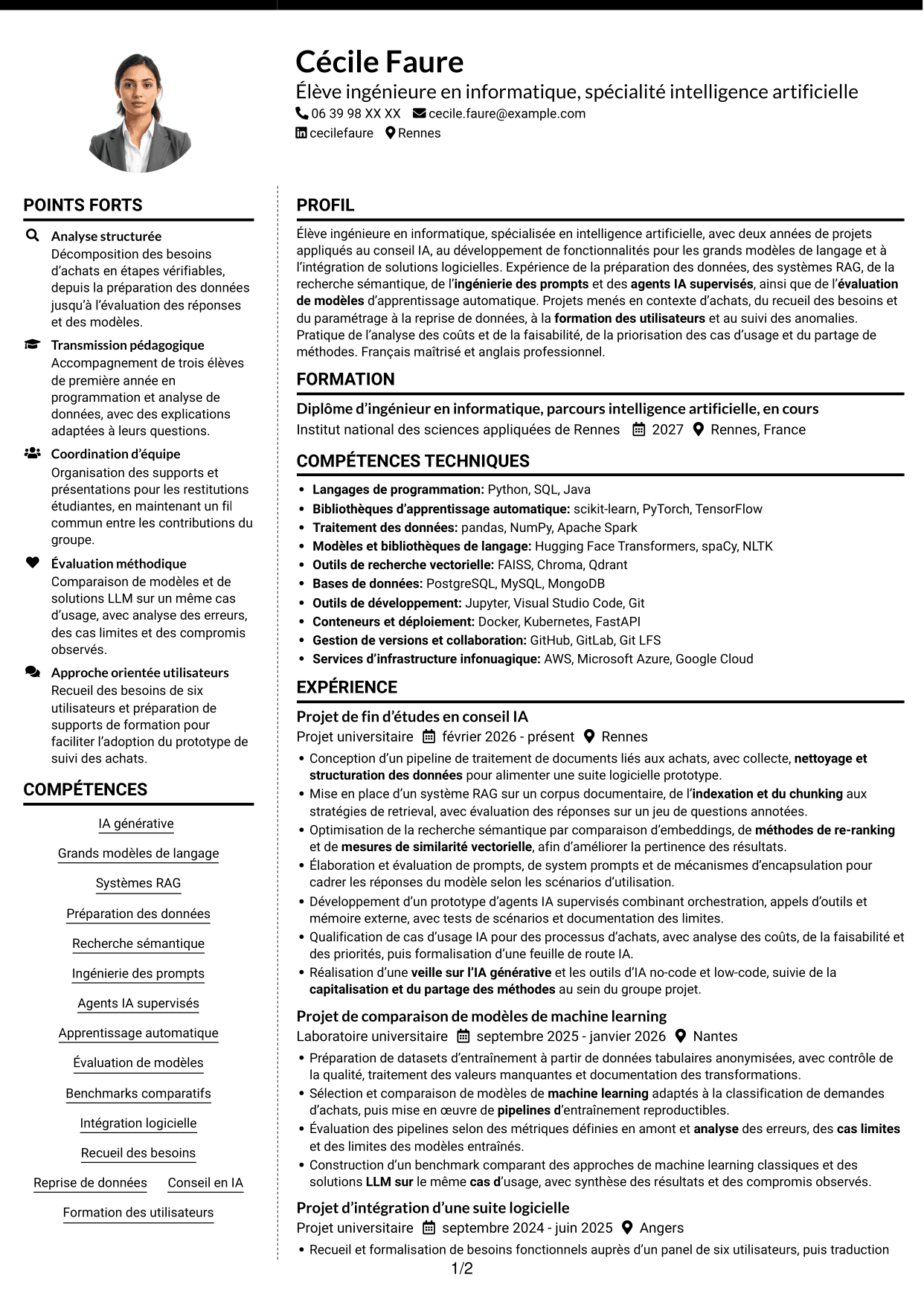 CV Moderne (format à deux colonnes avec photo à gauche et séparateur) : Consultant IA junior - IA générative et intégration, page 1