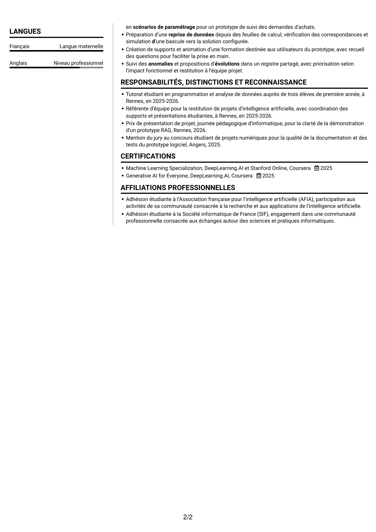 CV Moderne (format à deux colonnes avec photo à gauche et séparateur) : Consultant IA junior - IA générative et intégration, page 2