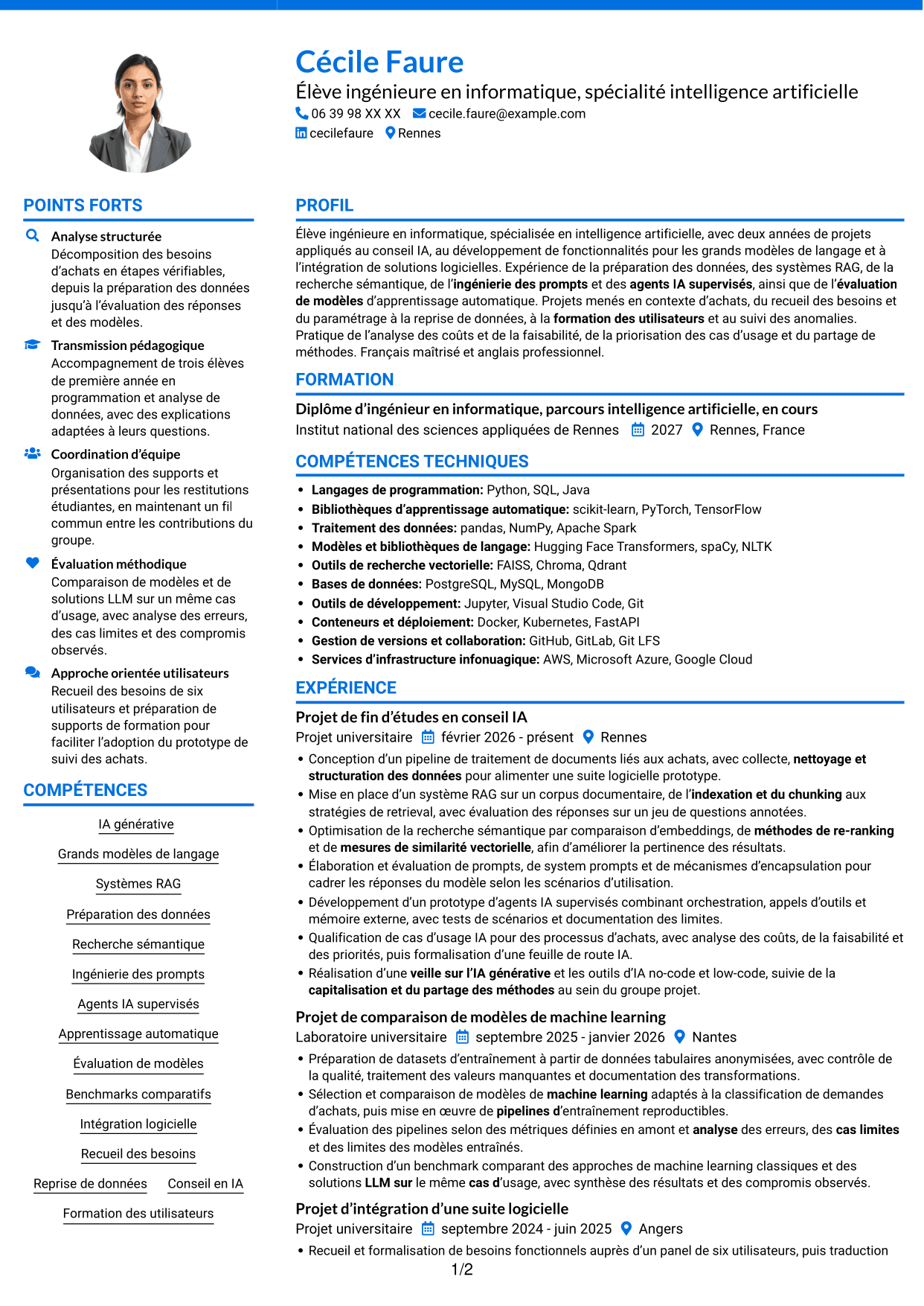 CV Audacieux (format à deux colonnes avec accents colorés et photo) : Consultant IA junior - IA générative et intégration, page 1