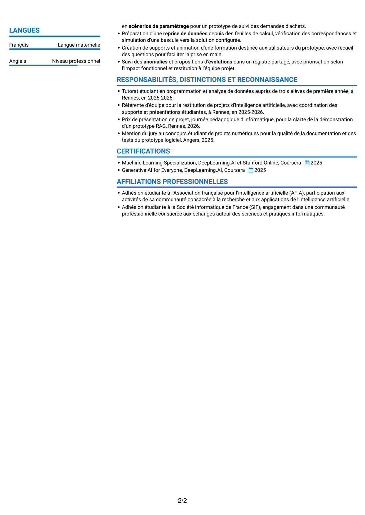 CV Audacieux (format à deux colonnes avec accents colorés et photo) : Consultant IA junior - IA générative et intégration, page 2