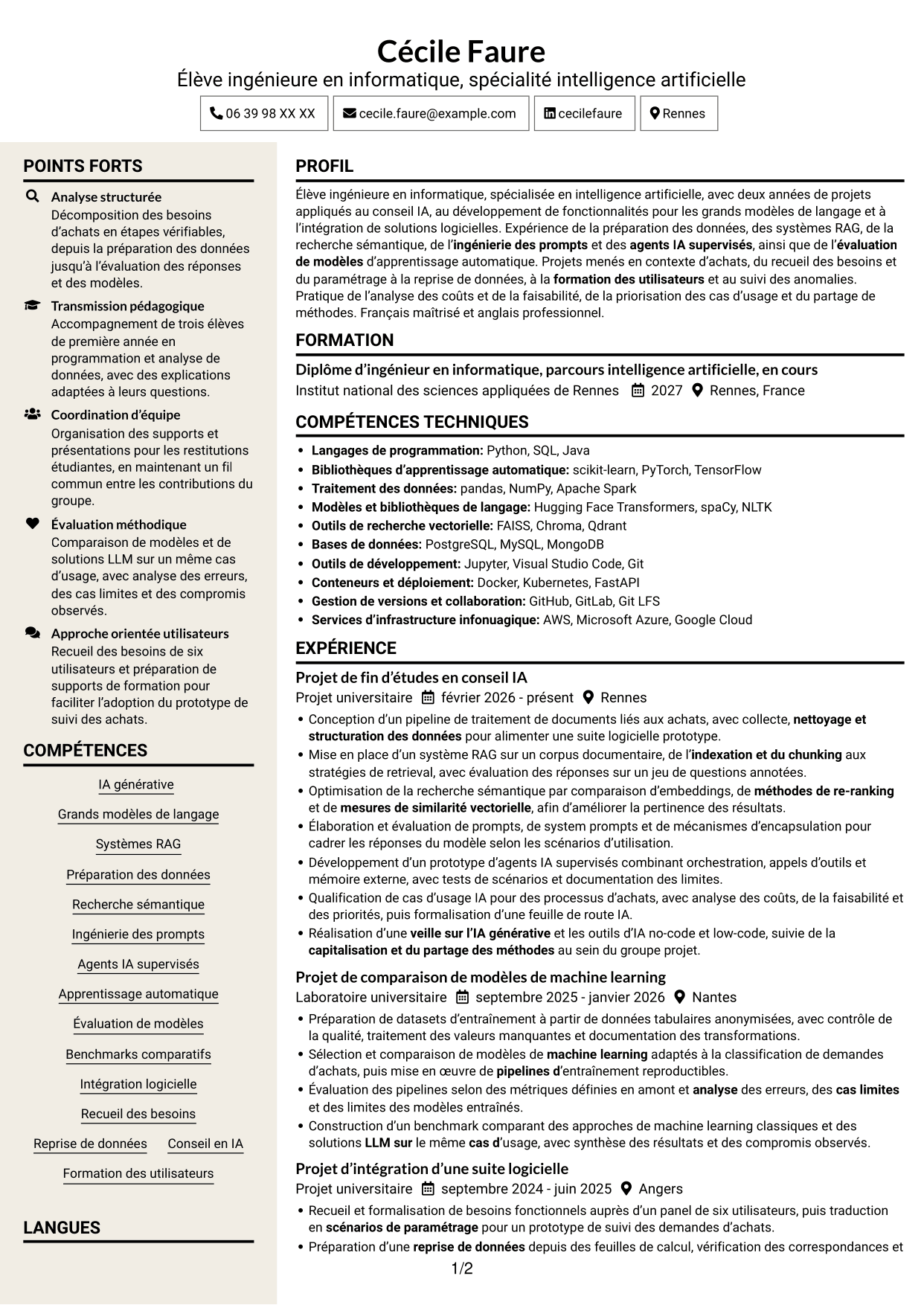 CV Fonceur (format à deux colonnes avec en-tête centré sans photo) : Consultant IA junior - IA générative et intégration, page 1