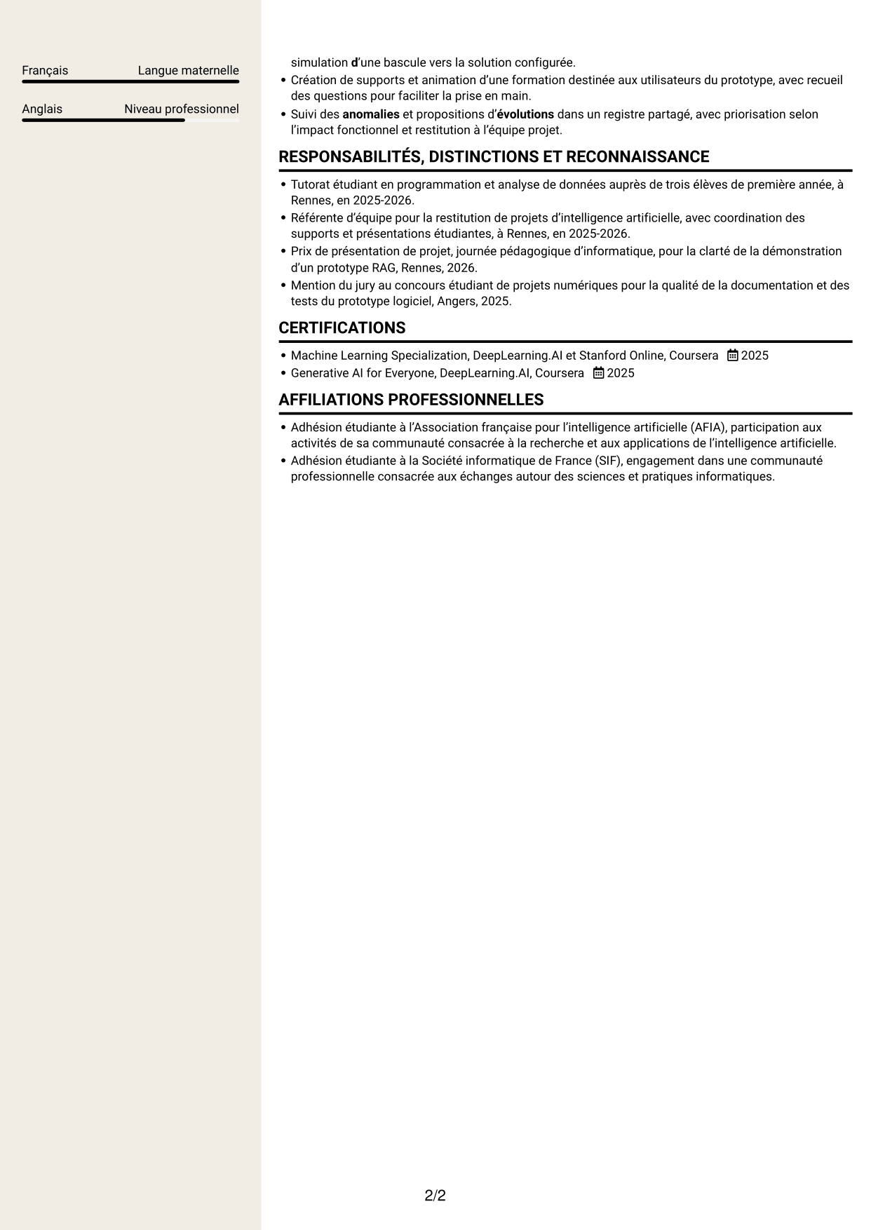 CV Fonceur (format à deux colonnes avec en-tête centré sans photo) : Consultant IA junior - IA générative et intégration, page 2