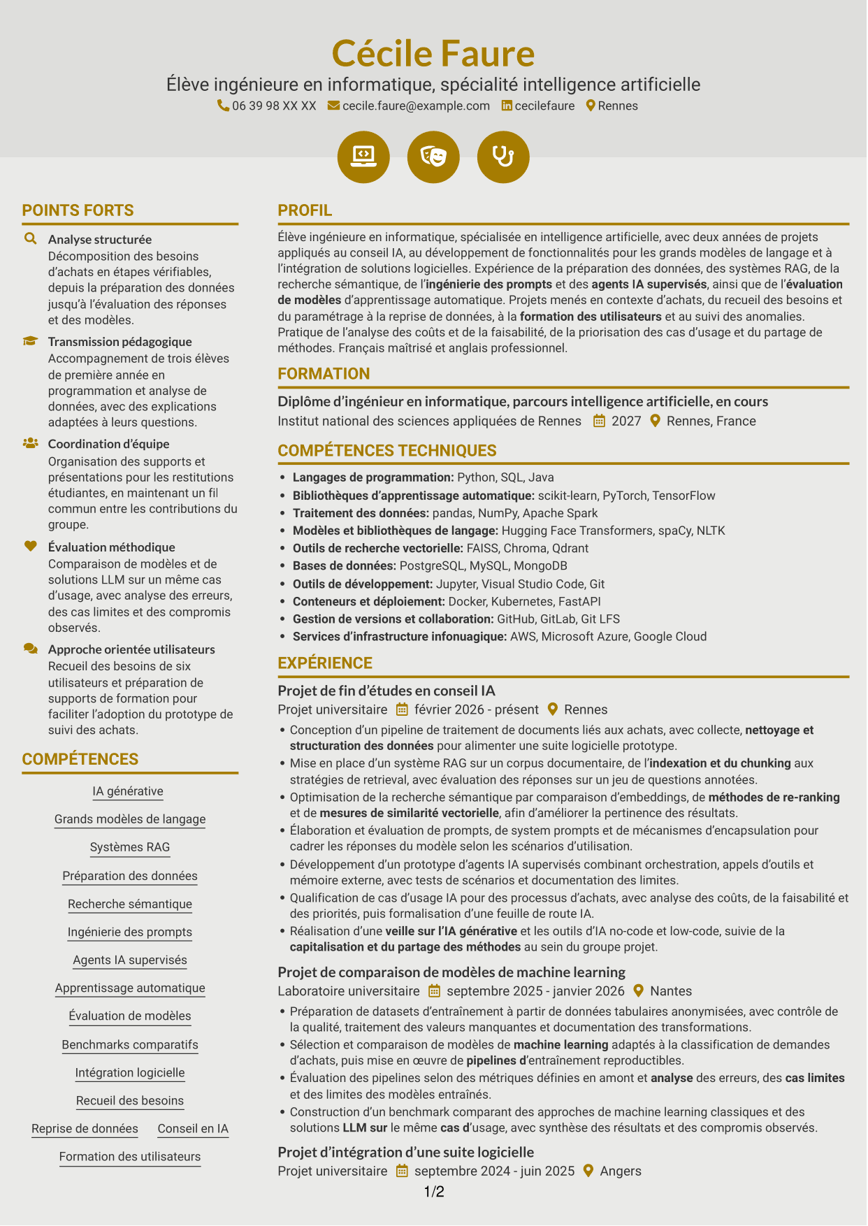 CV Dynamique (format à deux colonnes avec icônes) : Consultant IA junior - IA générative et intégration, page 1