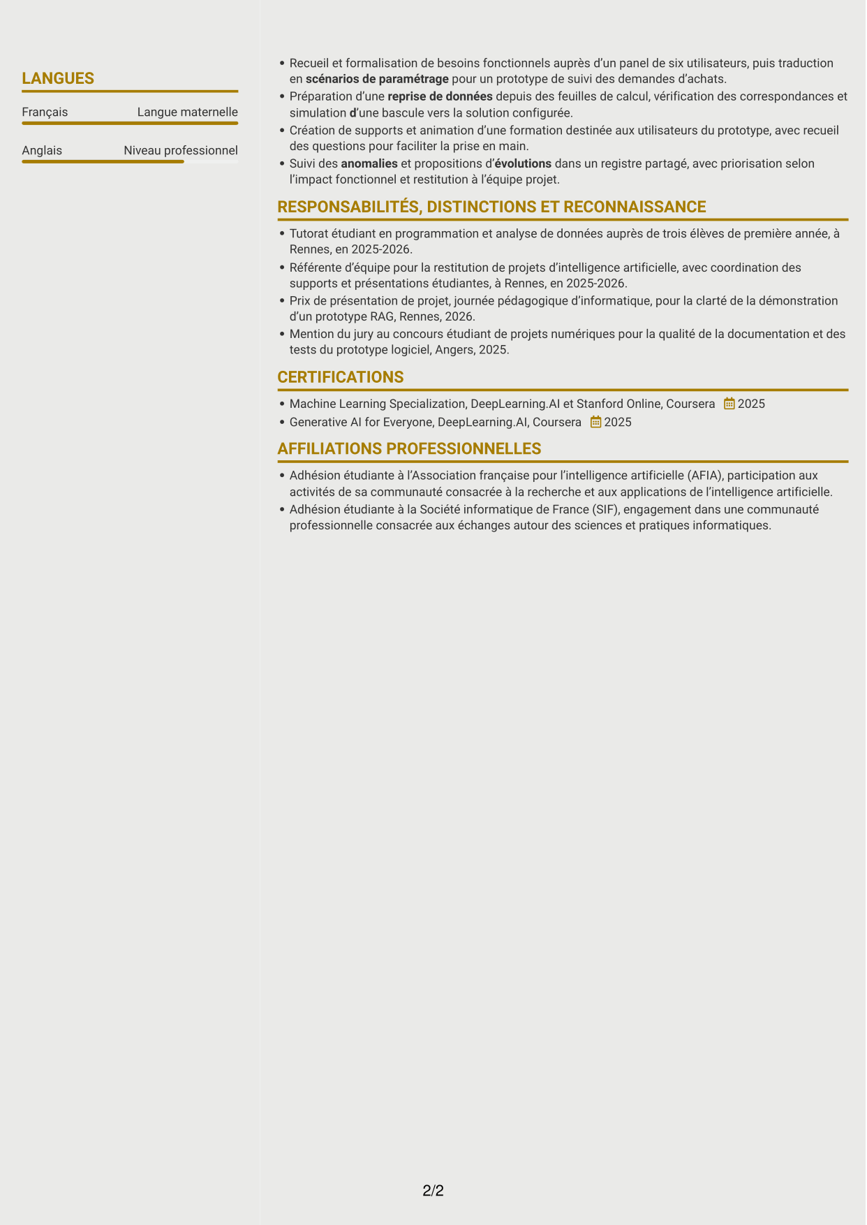 CV Dynamique (format à deux colonnes avec icônes) : Consultant IA junior - IA générative et intégration, page 2