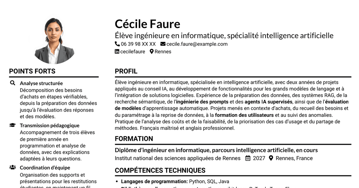 7 modèles de CV pour Consultant IA junior - IA générative et intégration, avec exemples