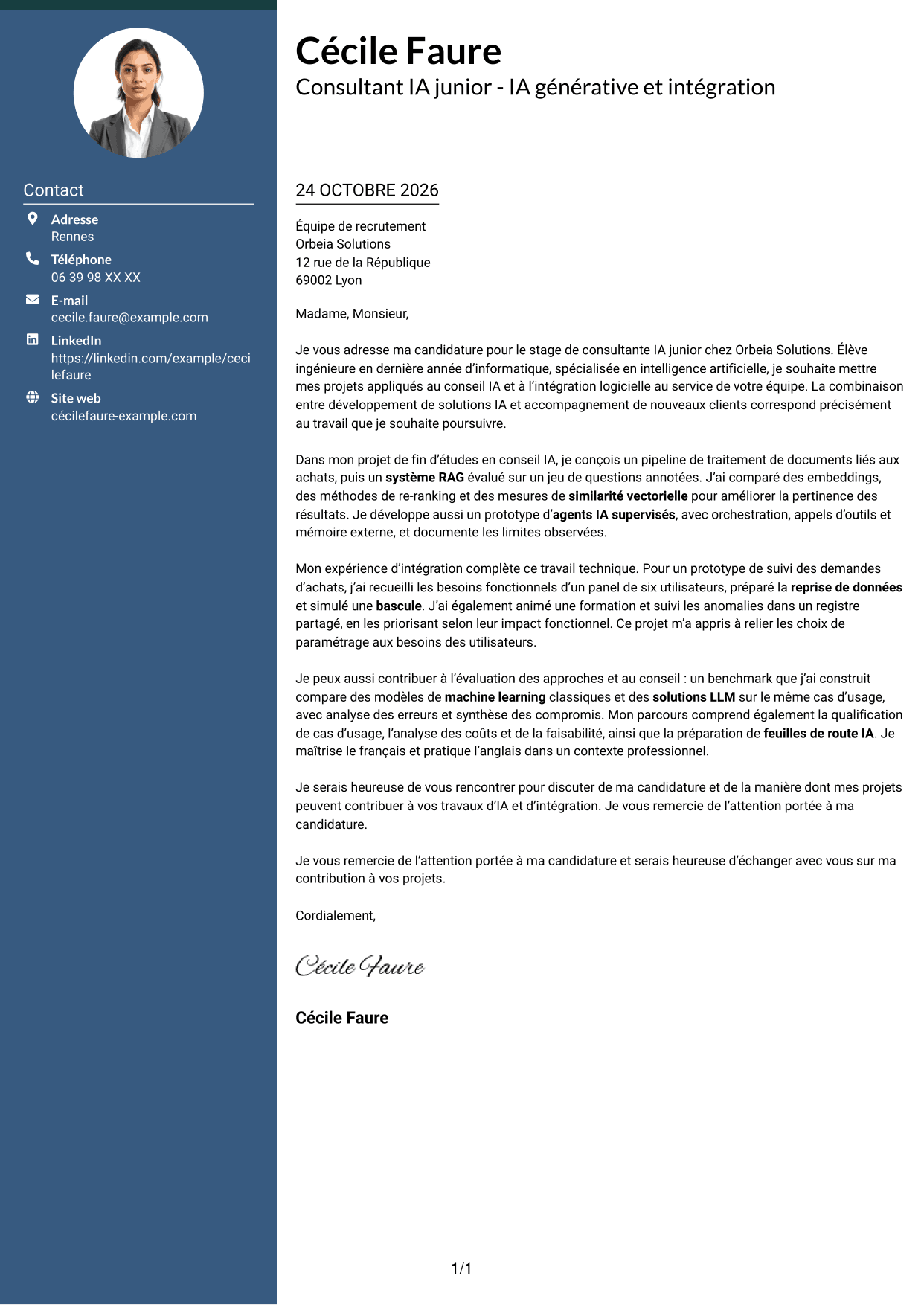 Lettre de motivation Élégant (format à colonne latérale colorée avec photo) : Consultant IA junior - IA générative et intégration, page 1
