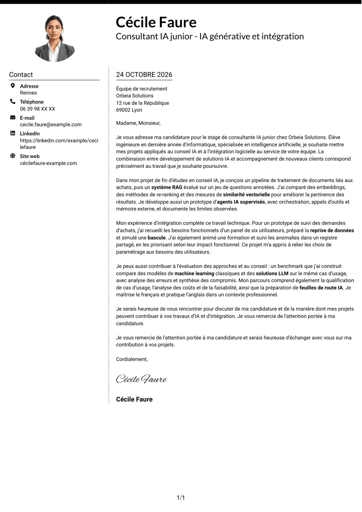 Lettre de motivation Moderne (format à deux colonnes avec photo à gauche et séparateur) : Consultant IA junior - IA générative et intégration, page 1
