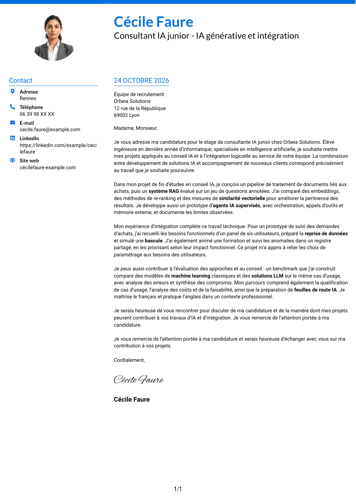 Lettre de motivation Audacieux (format à deux colonnes avec accents colorés et photo) : Consultant IA junior - IA générative et intégration, page 1