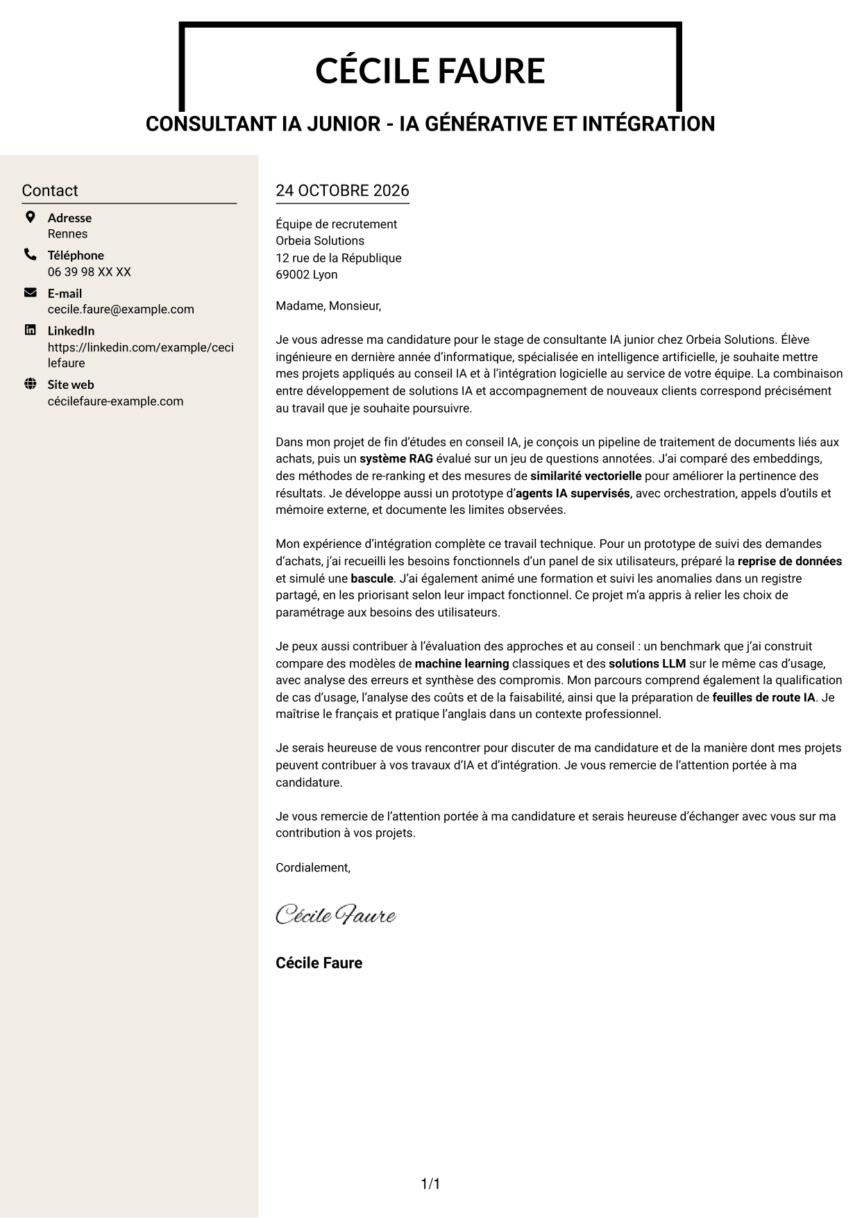 Lettre de motivation Fonceur (format à deux colonnes avec en-tête centré sans photo) : Consultant IA junior - IA générative et intégration, page 1