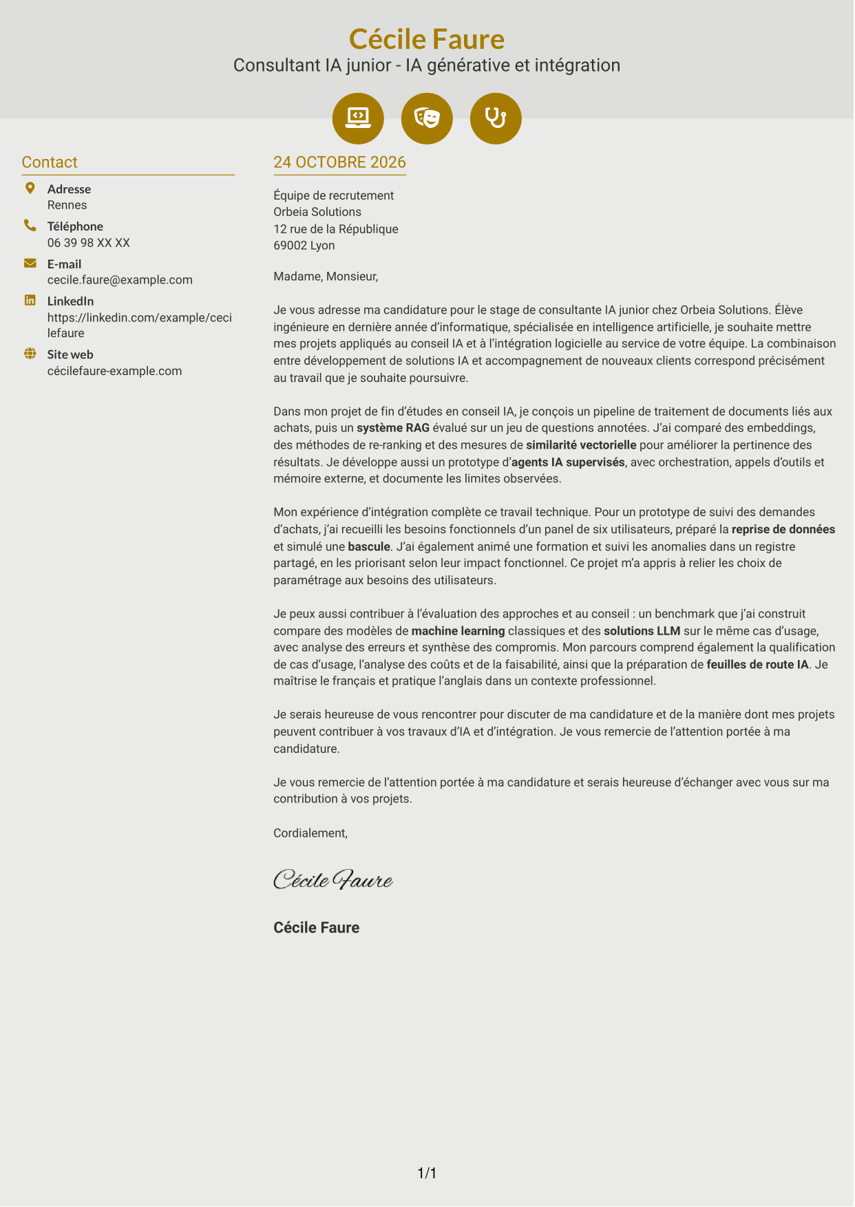 Lettre de motivation Dynamique (format à deux colonnes avec icônes) : Consultant IA junior - IA générative et intégration, page 1