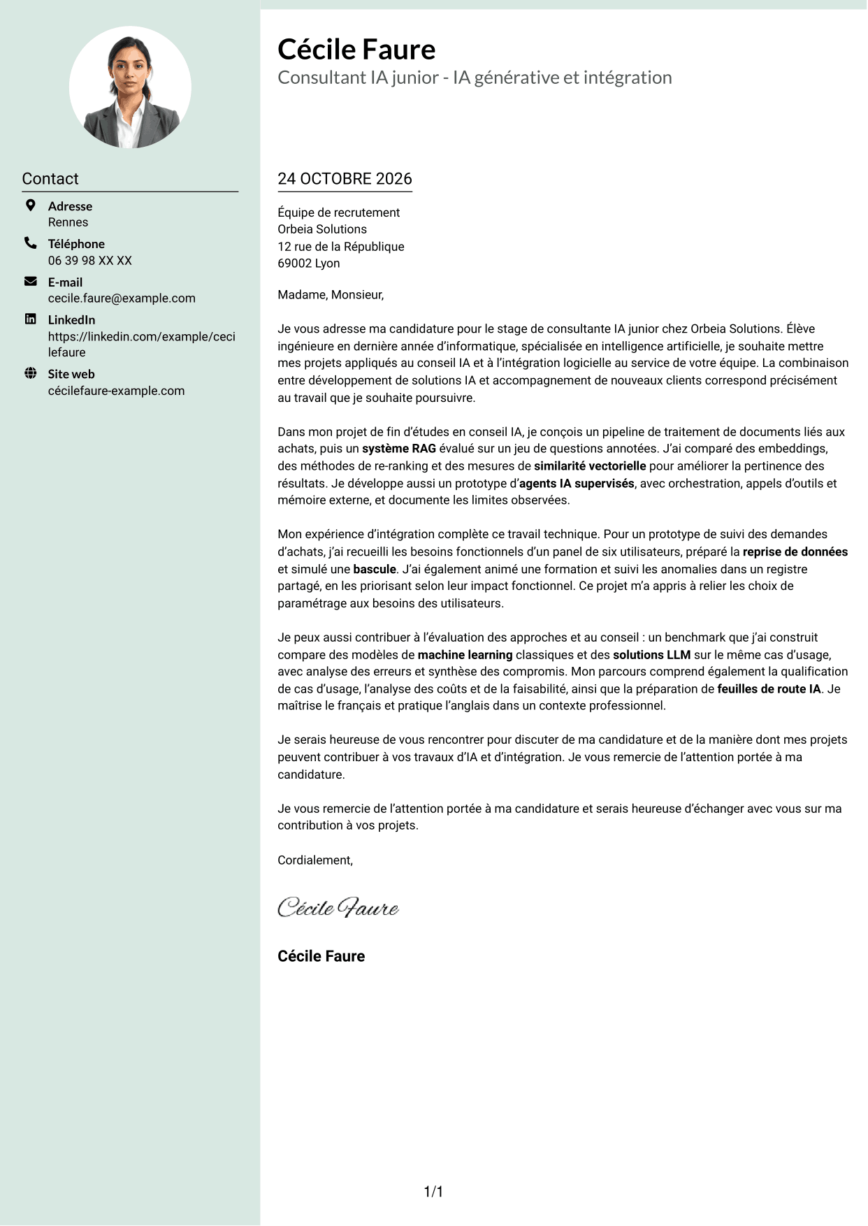 Lettre de motivation Cadre (format à colonne latérale douce avec photo arrondie) : Consultant IA junior - IA générative et intégration, page 1