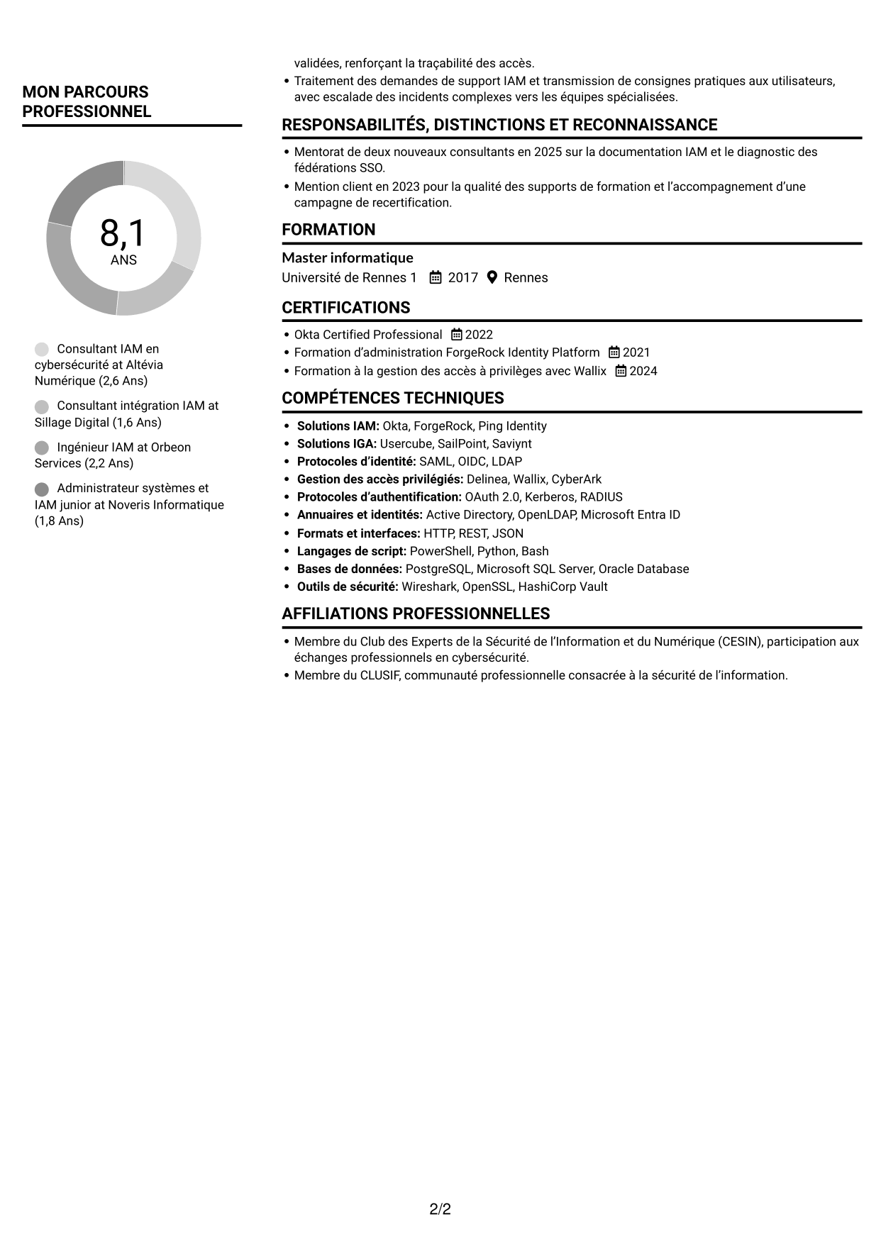 CV Compact (format sobre à deux colonnes avec photo) : Consultant IAM en cybersécurité, page 2