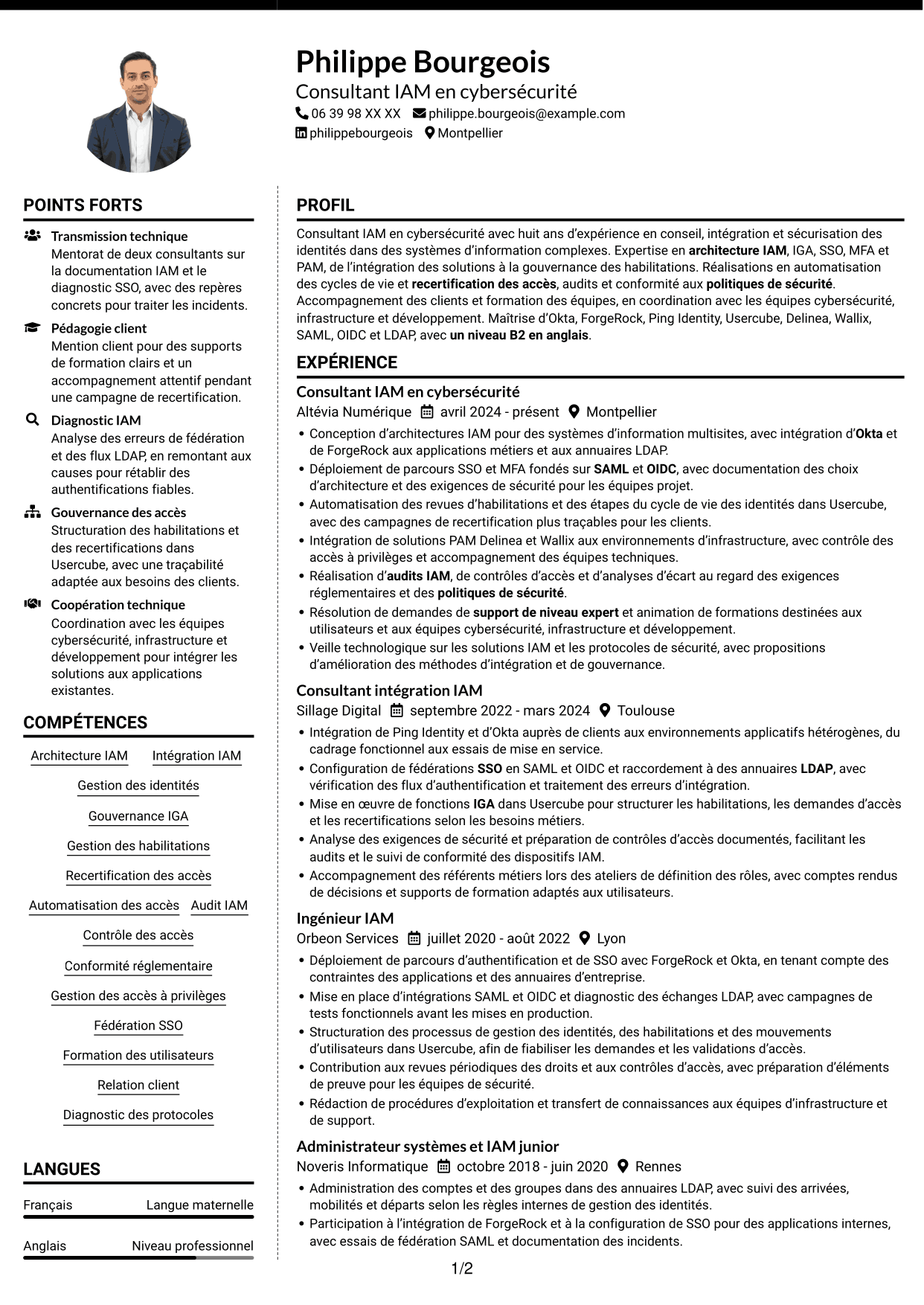 CV Moderne (format à deux colonnes avec photo à gauche et séparateur) : Consultant IAM en cybersécurité, page 1