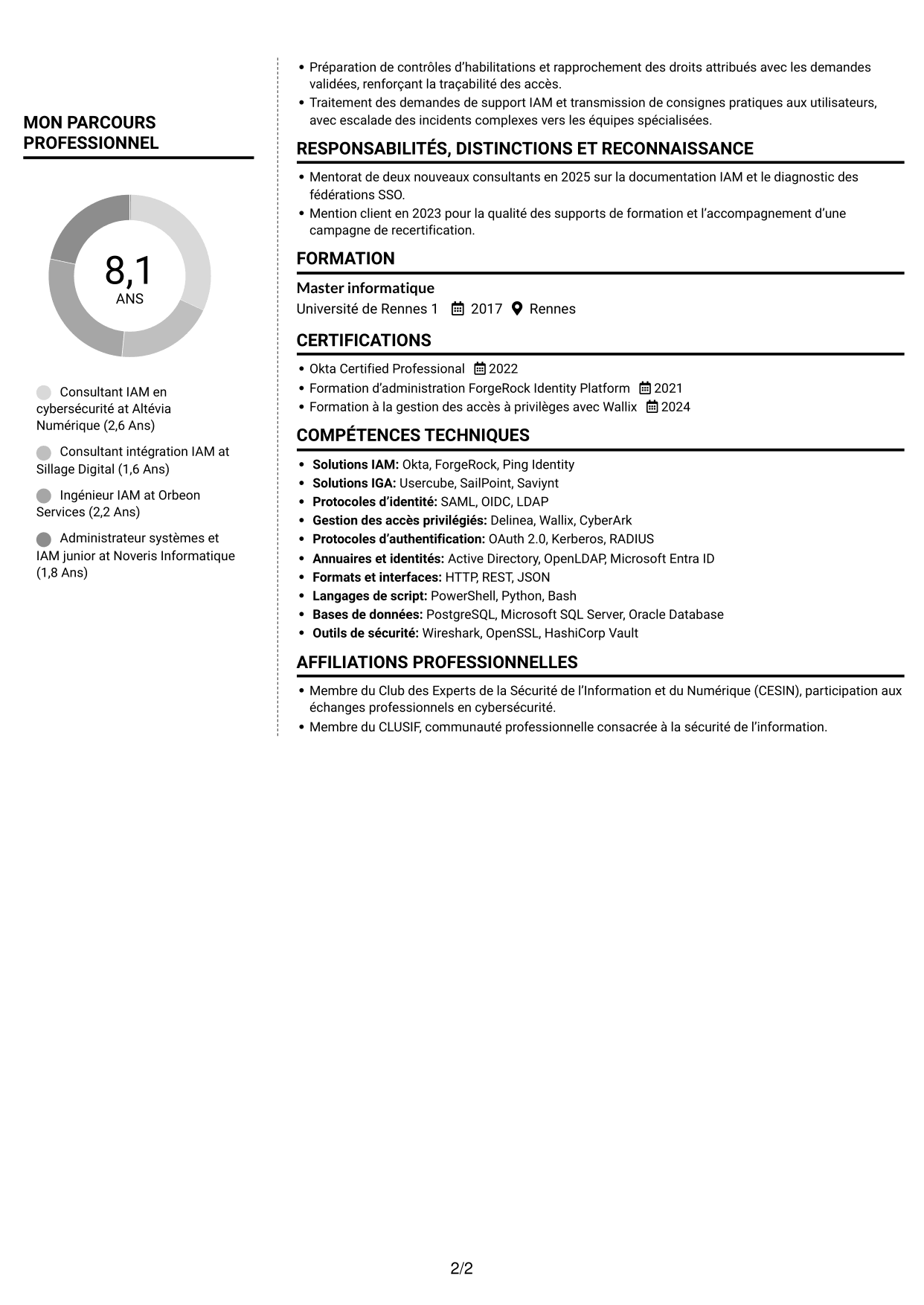 CV Moderne (format à deux colonnes avec photo à gauche et séparateur) : Consultant IAM en cybersécurité, page 2