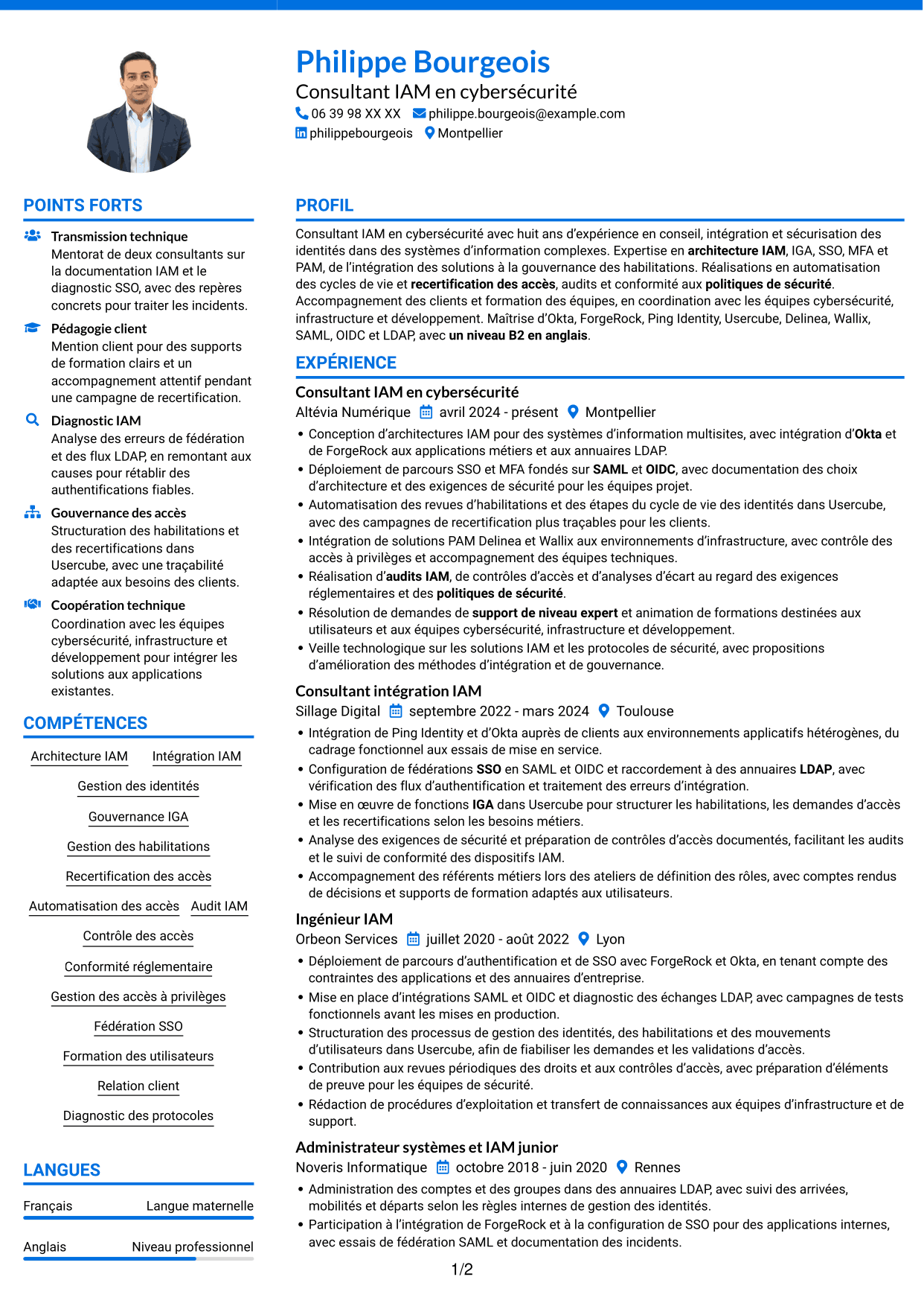CV Audacieux (format à deux colonnes avec accents colorés et photo) : Consultant IAM en cybersécurité, page 1