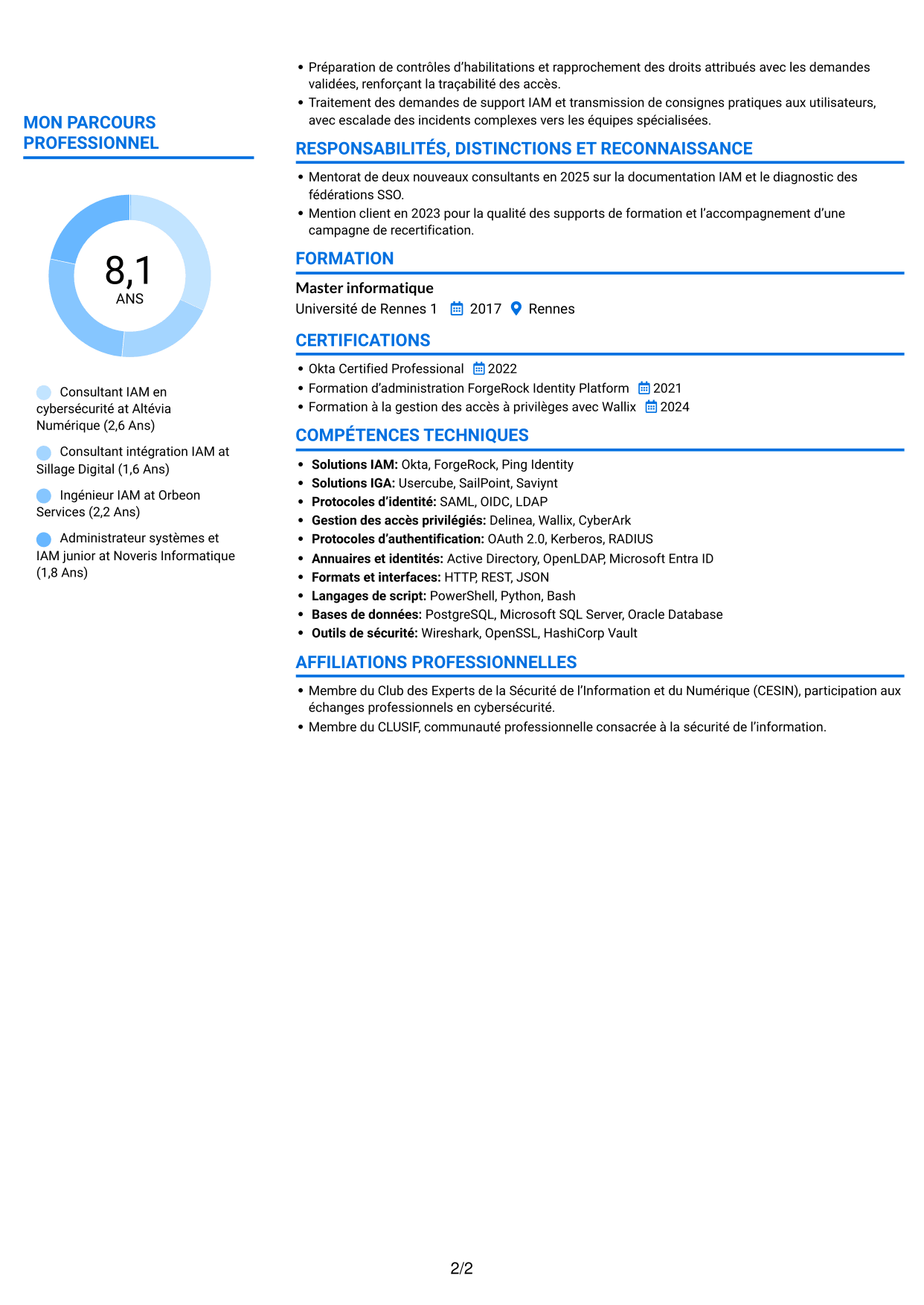 CV Audacieux (format à deux colonnes avec accents colorés et photo) : Consultant IAM en cybersécurité, page 2