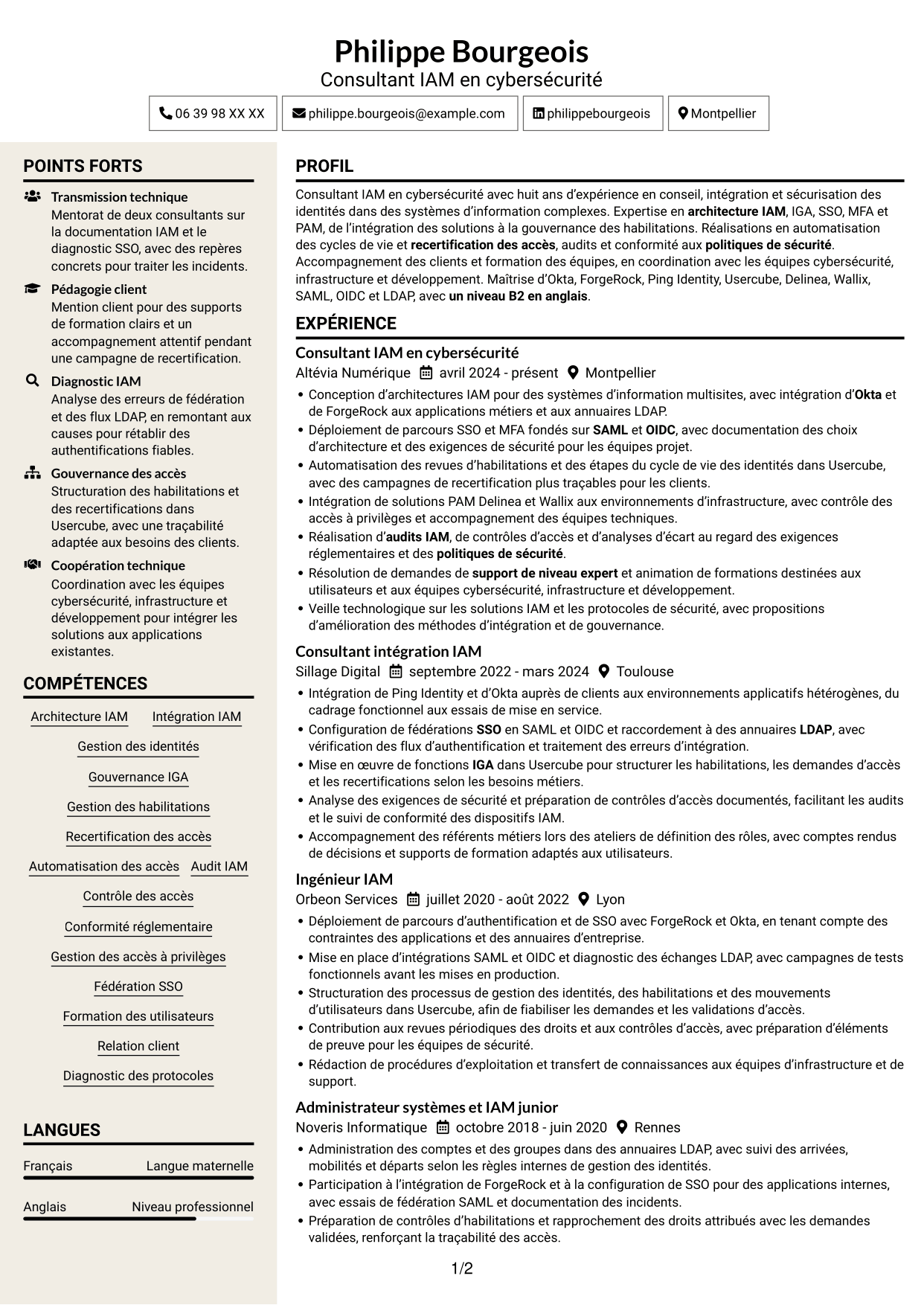 CV Fonceur (format à deux colonnes avec en-tête centré sans photo) : Consultant IAM en cybersécurité, page 1