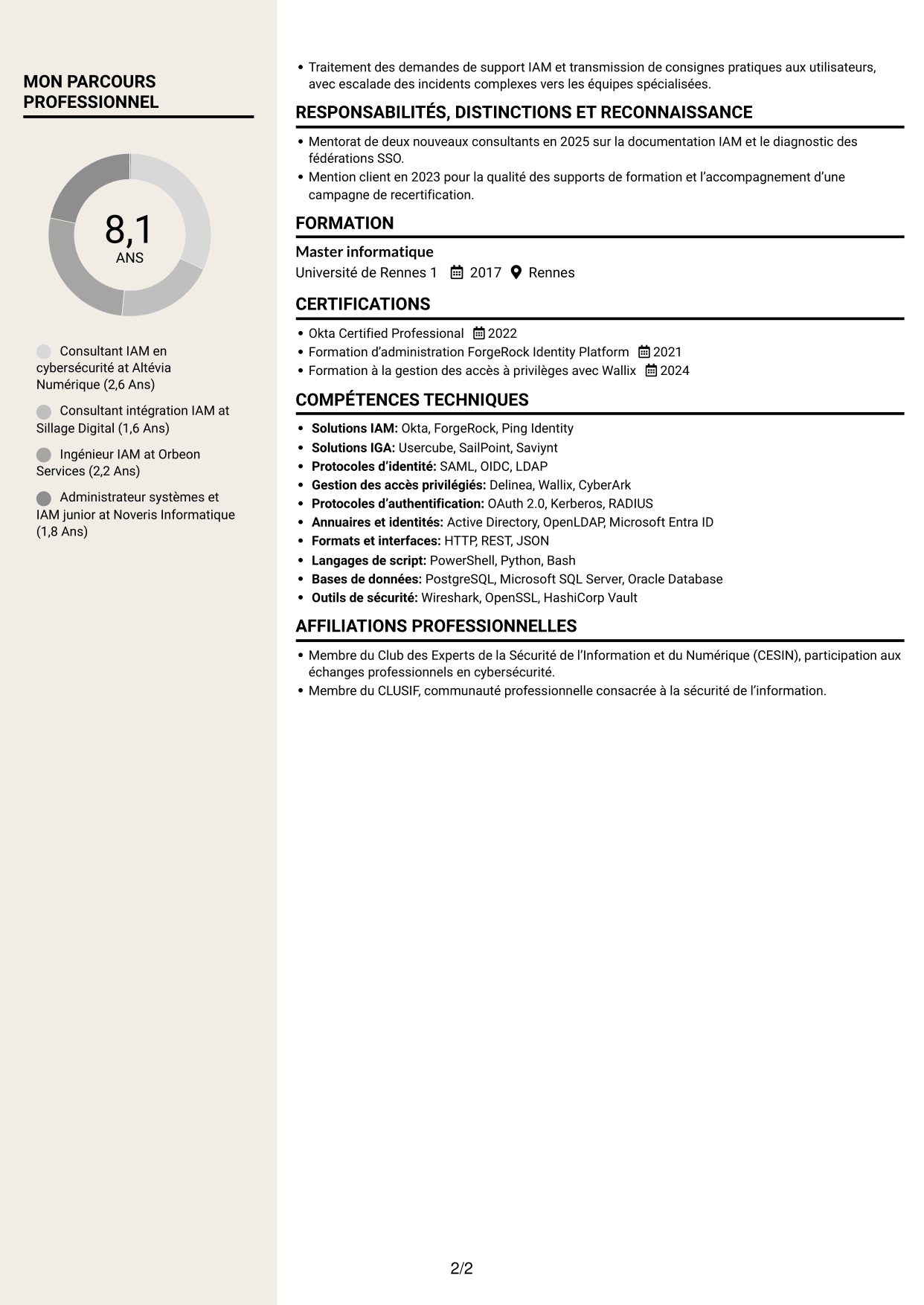 CV Fonceur (format à deux colonnes avec en-tête centré sans photo) : Consultant IAM en cybersécurité, page 2
