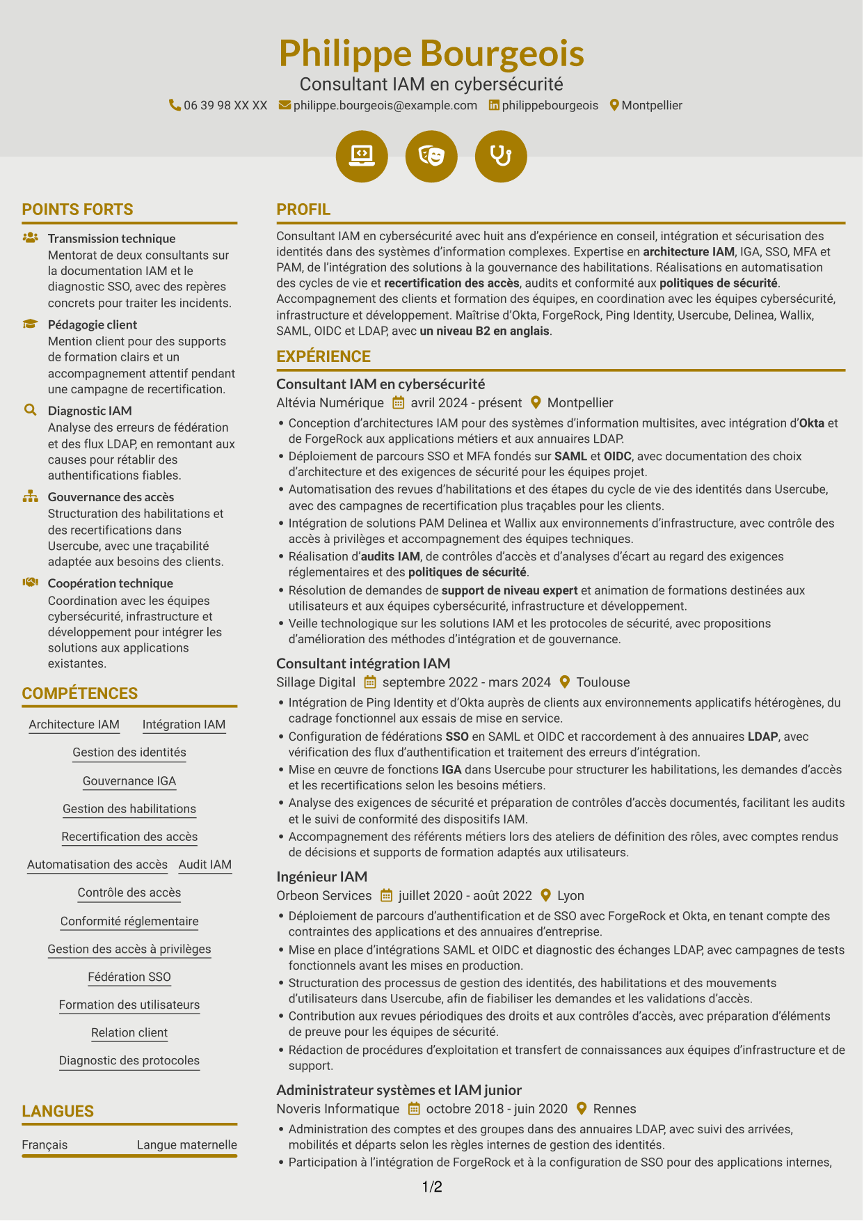 CV Dynamique (format à deux colonnes avec icônes) : Consultant IAM en cybersécurité, page 1