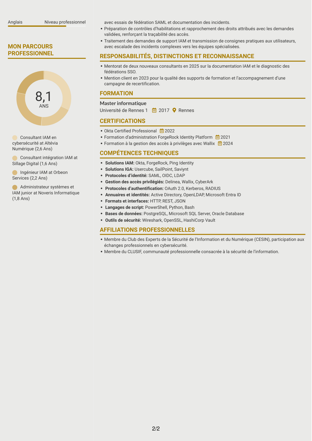 CV Dynamique (format à deux colonnes avec icônes) : Consultant IAM en cybersécurité, page 2