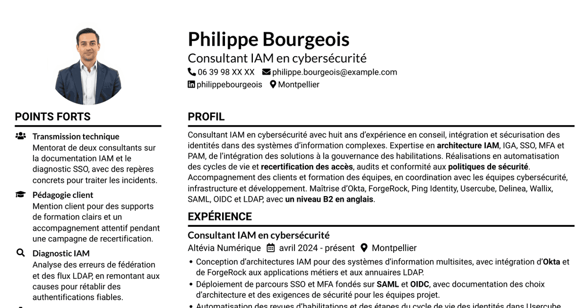 7 modèles de CV pour Consultant IAM en cybersécurité, avec exemples