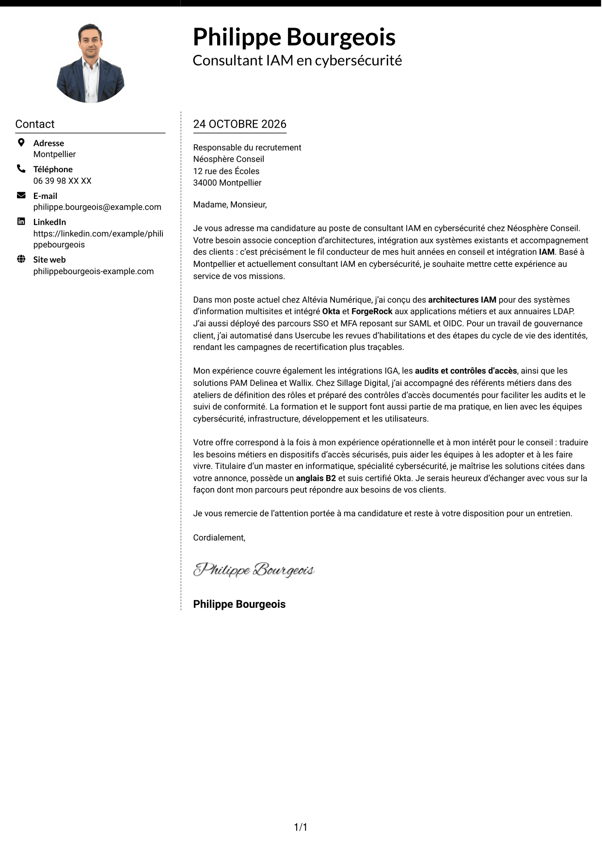 Lettre de motivation Moderne (format à deux colonnes avec photo à gauche et séparateur) : Consultant IAM en cybersécurité, page 1