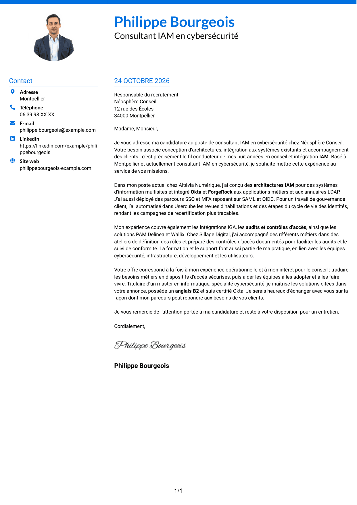 Lettre de motivation Audacieux (format à deux colonnes avec accents colorés et photo) : Consultant IAM en cybersécurité, page 1