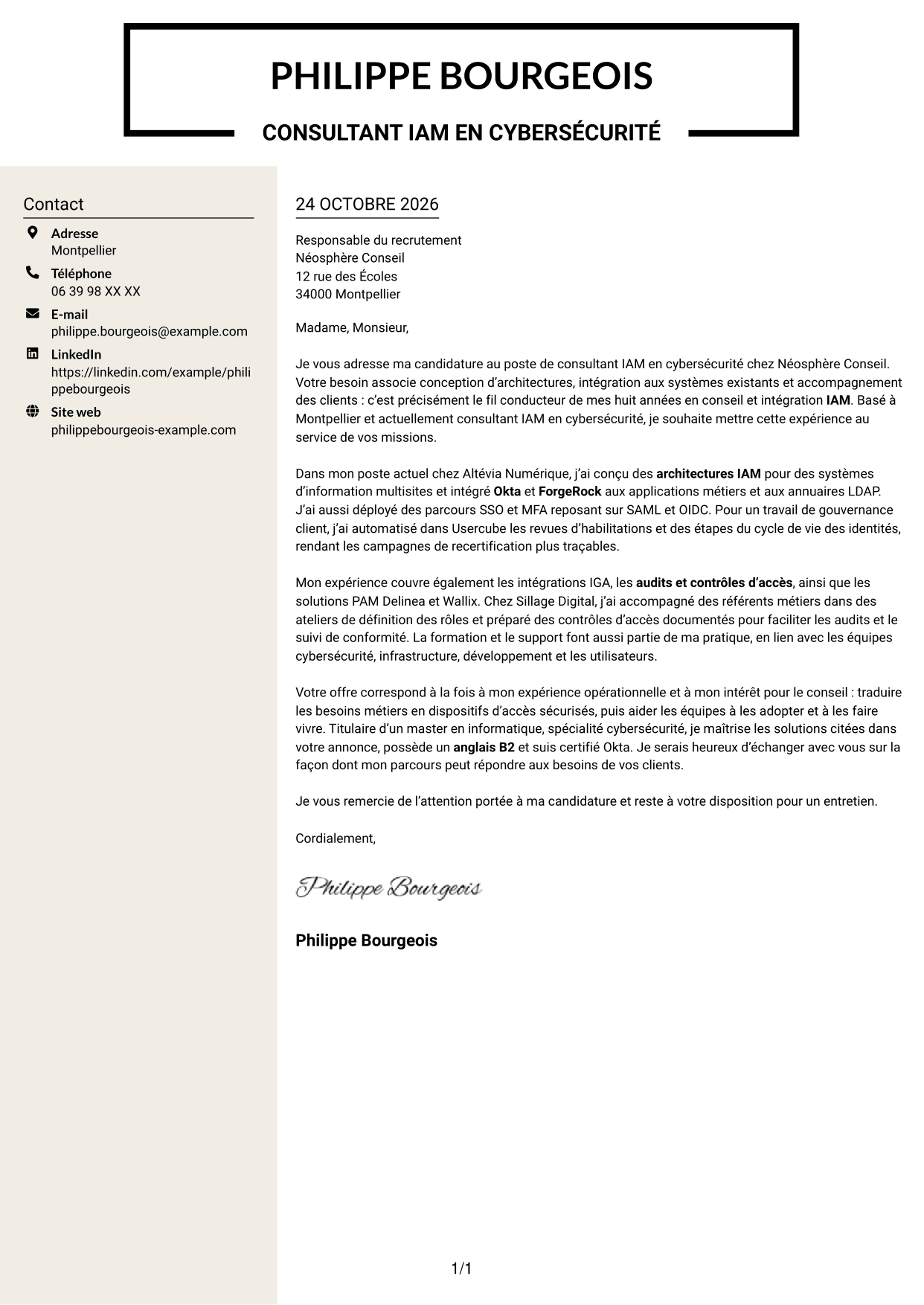 Lettre de motivation Fonceur (format à deux colonnes avec en-tête centré sans photo) : Consultant IAM en cybersécurité, page 1