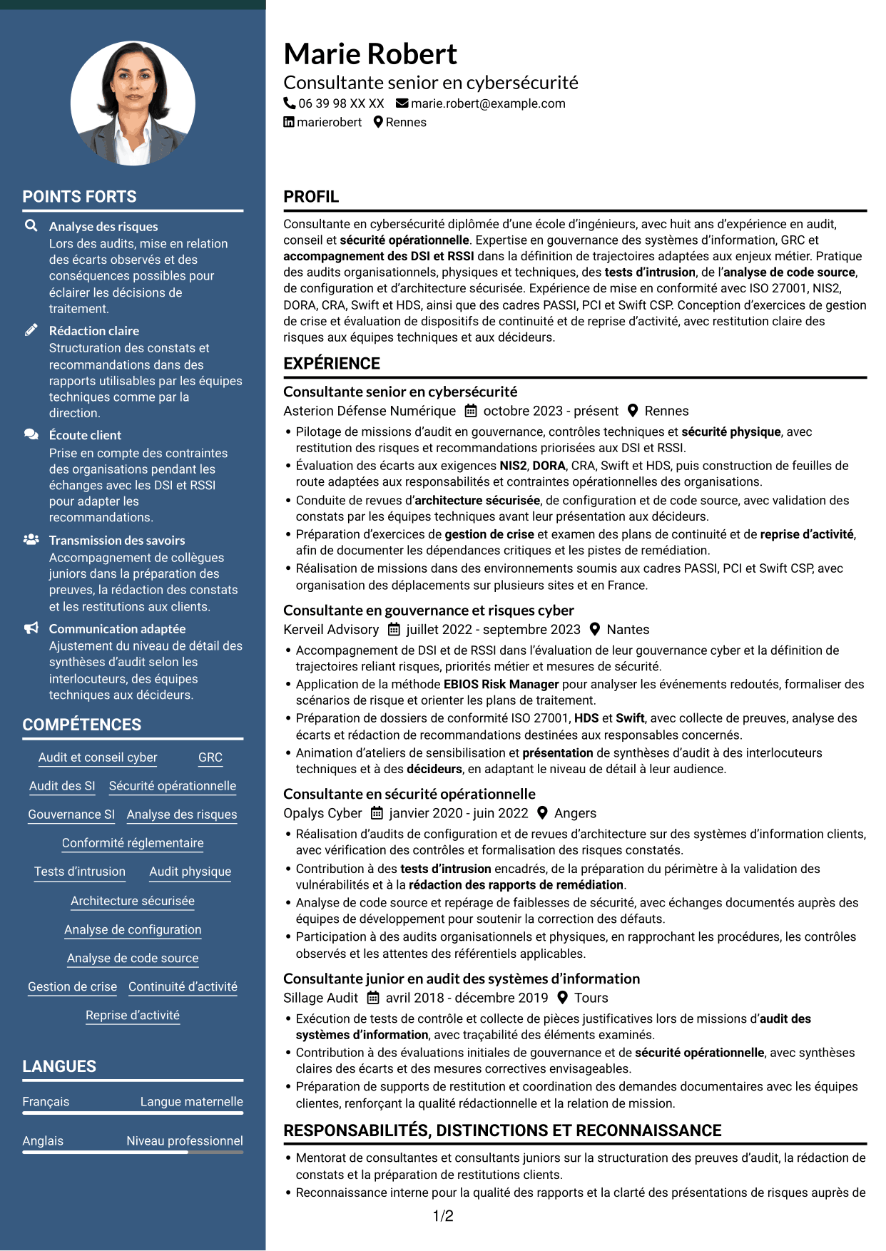 CV Élégant (format à colonne latérale colorée avec photo) : Consultant junior en cybersécurité - Audit et GRC, page 1