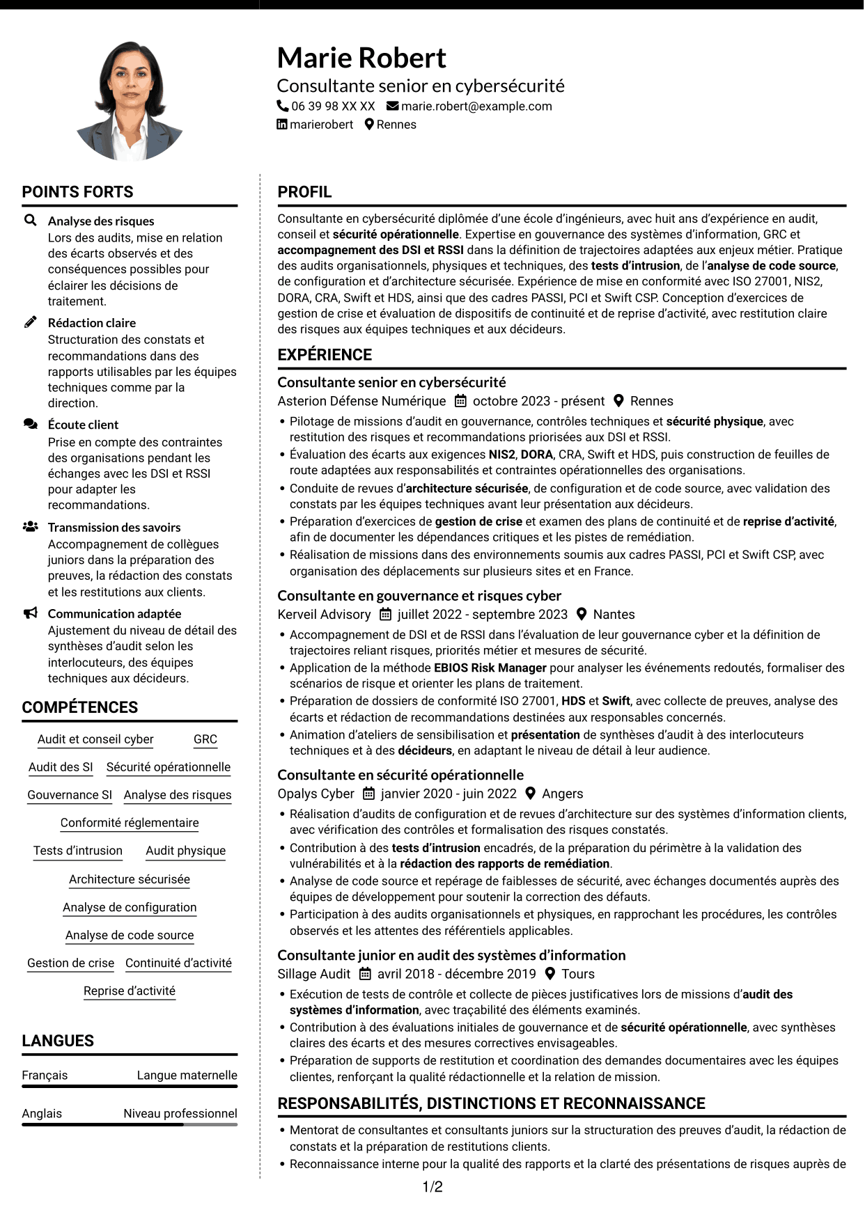 CV Moderne (format à deux colonnes avec photo à gauche et séparateur) : Consultant junior en cybersécurité - Audit et GRC, page 1